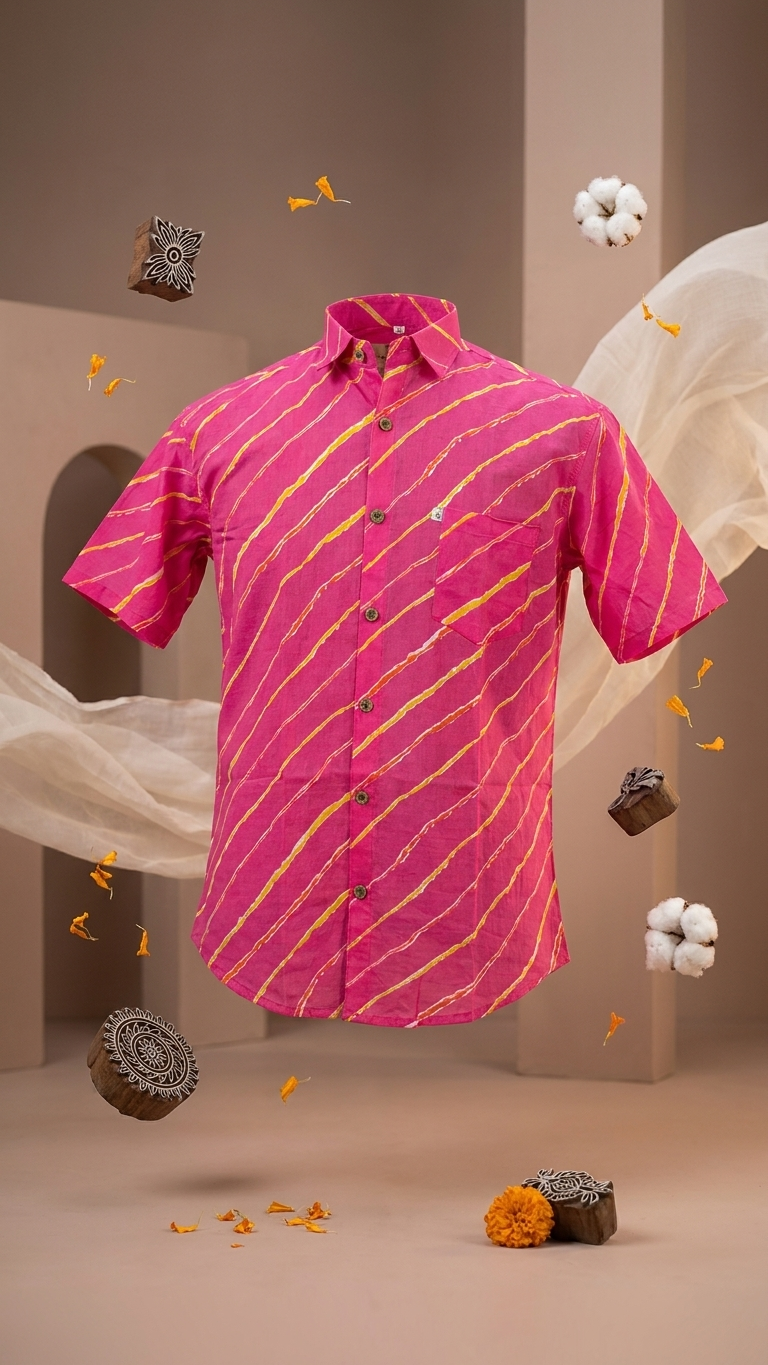 Pink Leheriya Printed Mens Half Sleeves Cotton Shirt