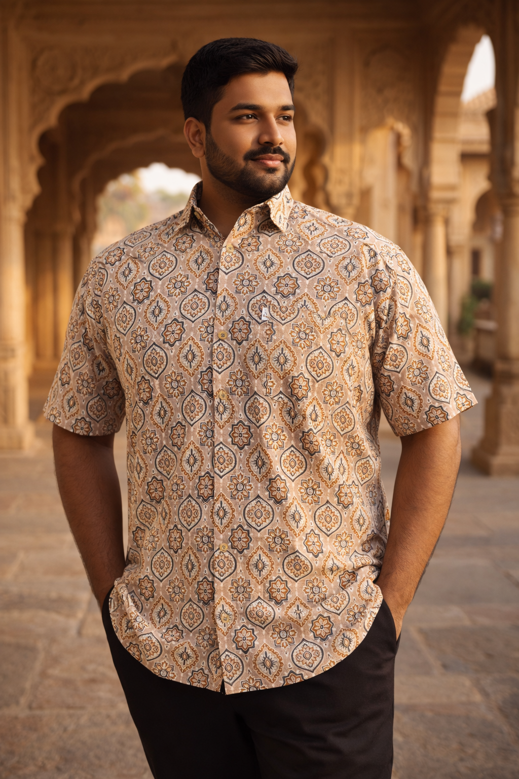 Beige Brown Ajrak Floral Printed Plus Size Half Sleeves Cotton Shirt