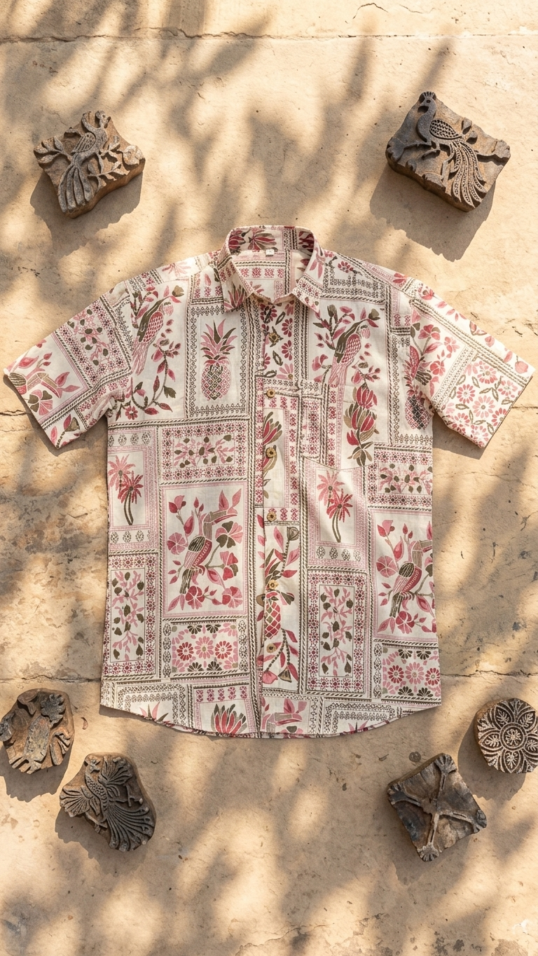 White Floral Patchwork Print Half Sleeves Cotton Shirt for Men