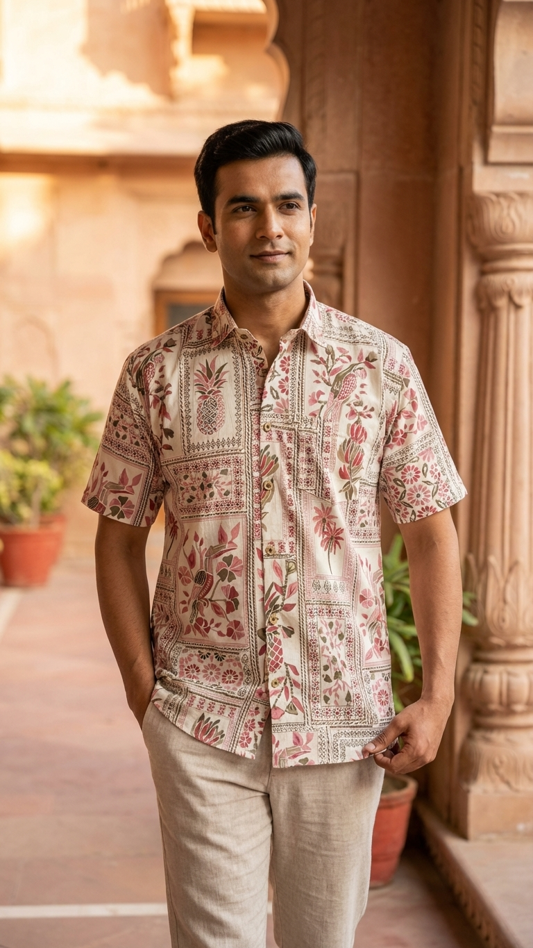 White Floral Patchwork Print Half Sleeves Cotton Shirt for Men