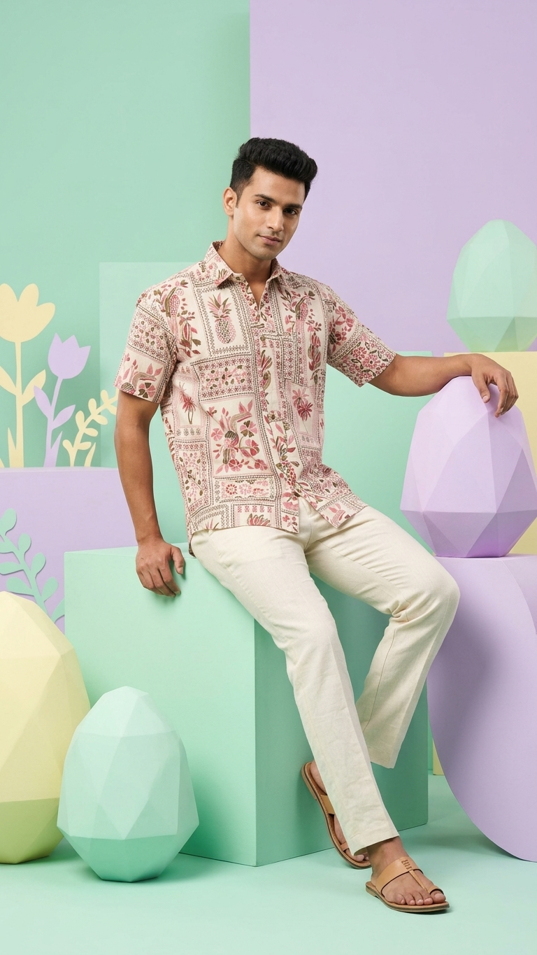 White Floral Patchwork Print Half Sleeves Cotton Shirt for Men