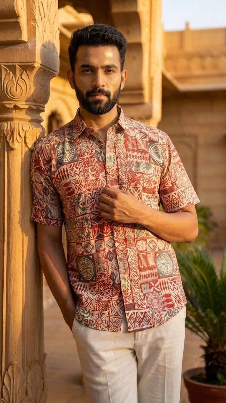 Red Mosaic Ethnic Print Half Sleeves Cotton Shirt for Men