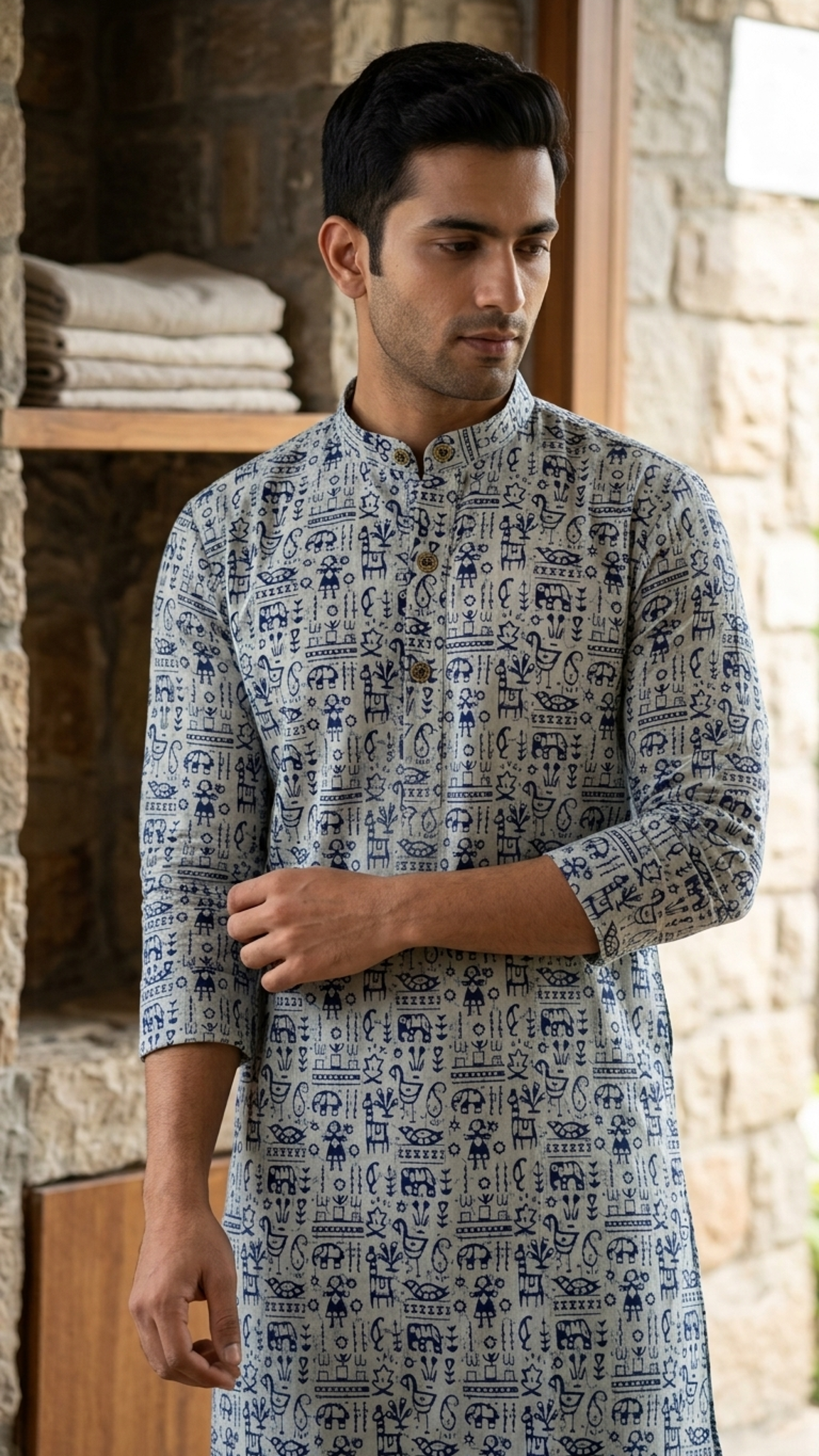 Grey Blue Folk Print Men's Full Sleeves Cotton Long Kurta