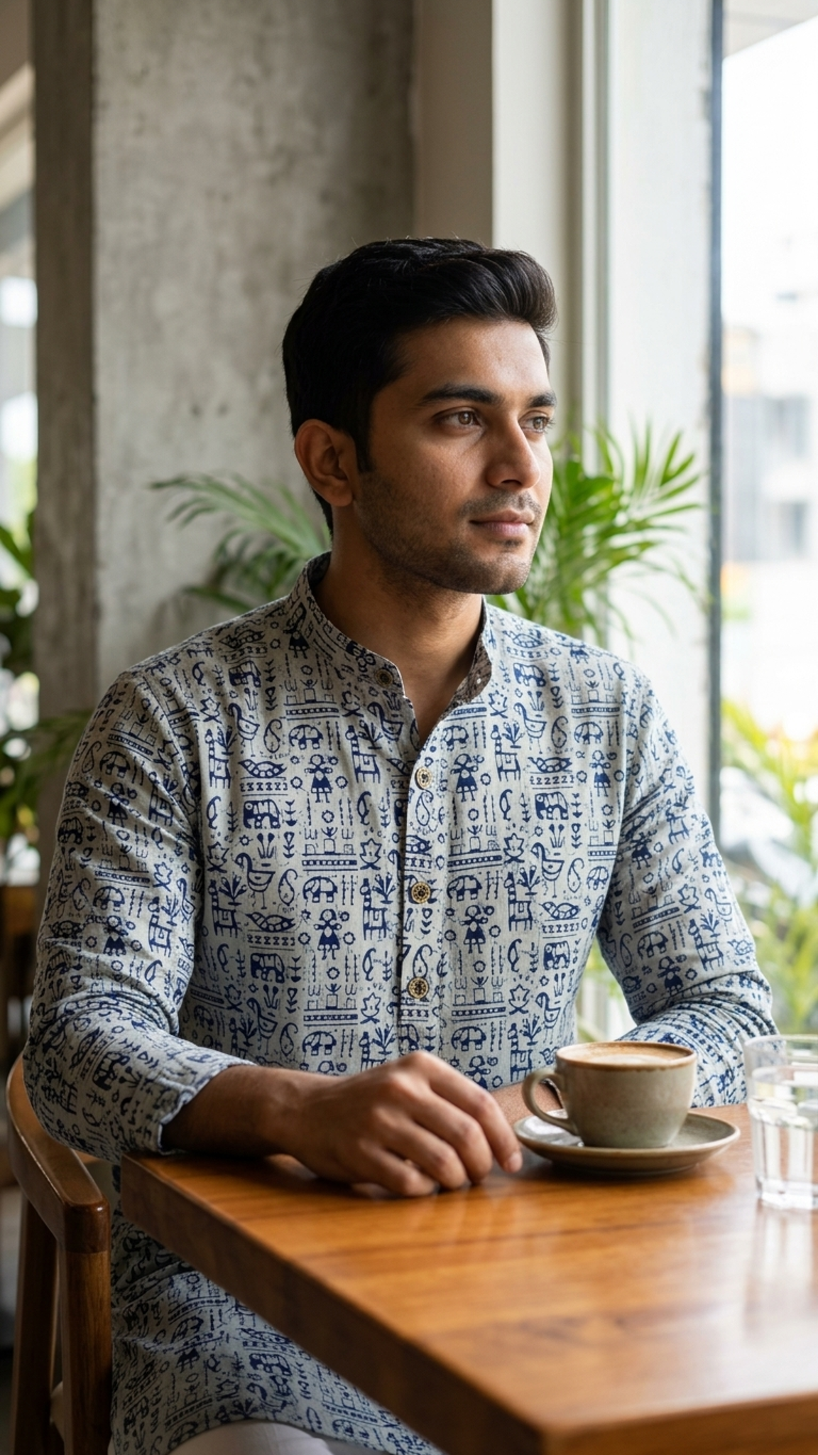 Grey Blue Folk Print Men's Full Sleeves Cotton Long Kurta