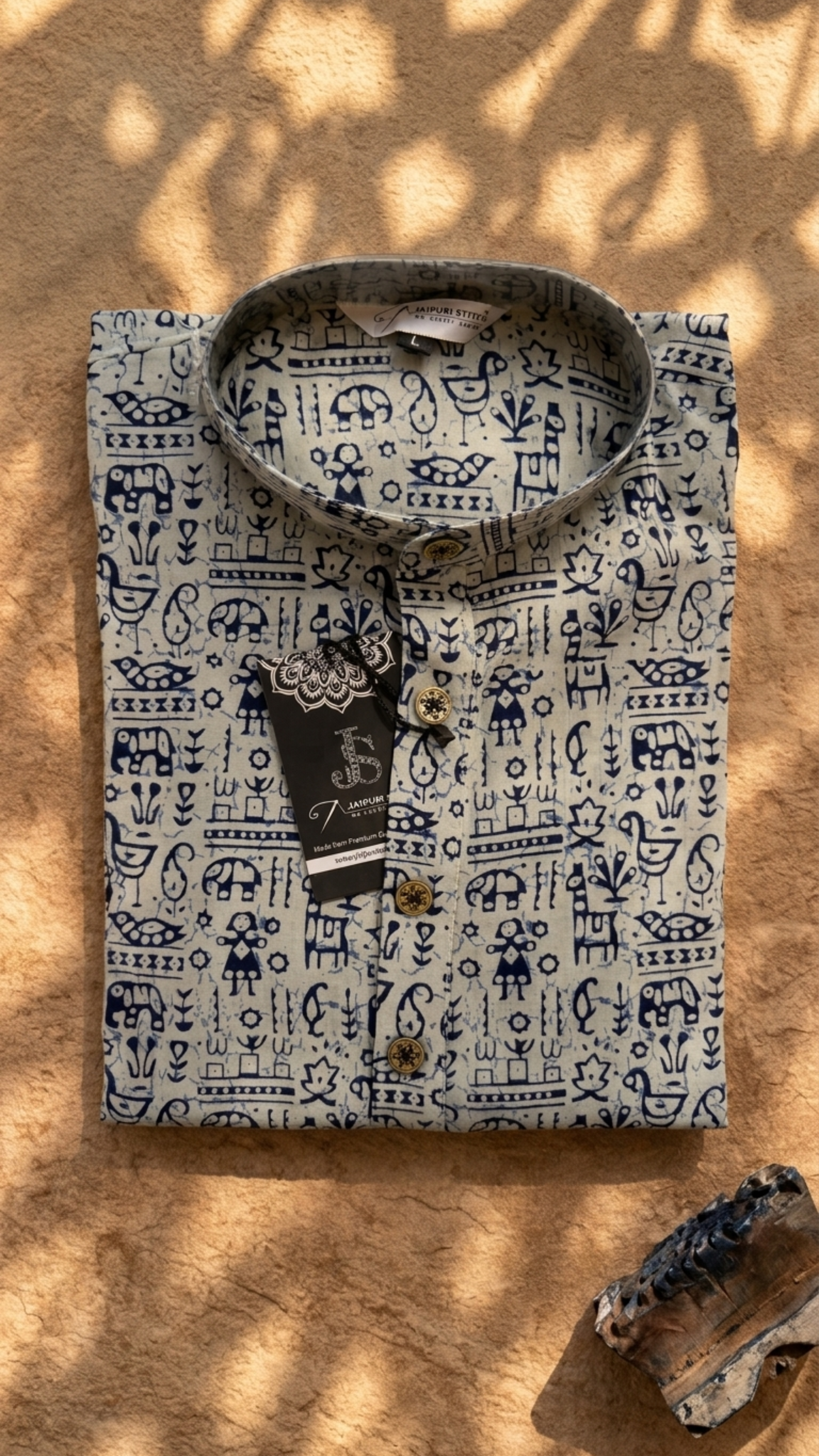 Grey Blue Folk Print Men's Full Sleeves Cotton Long Kurta
