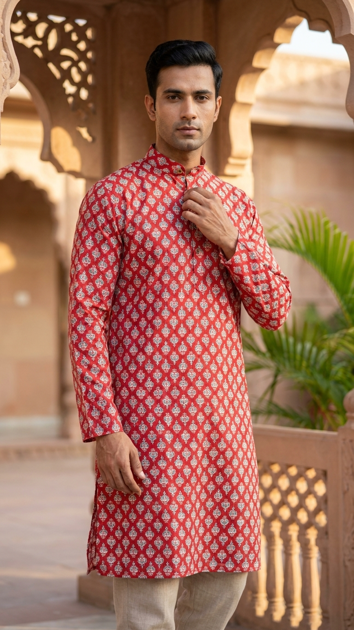 Red White Floral Printed Men's Full Sleeves Cotton Long Kurta