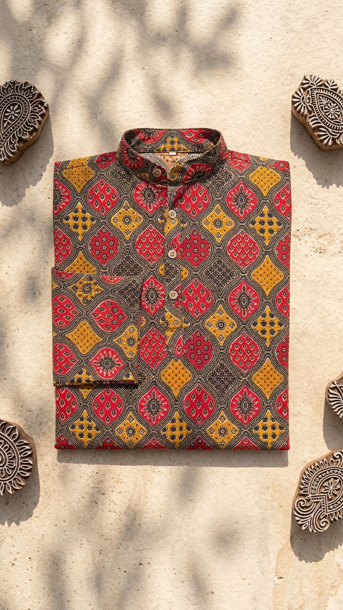 Black Red Yellow Geometric Printed Men's Full Sleeves Cotton Long Kurta