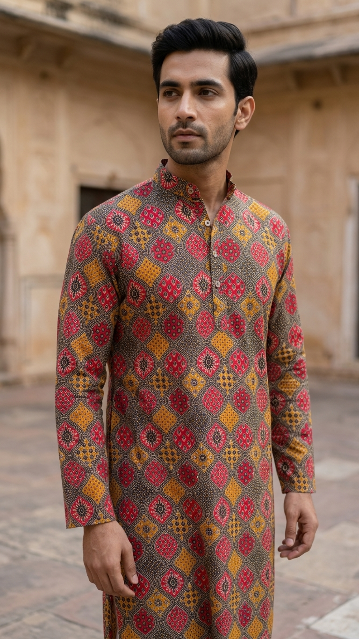 Black Red Yellow Geometric Printed Men's Full Sleeves Cotton Long Kurta