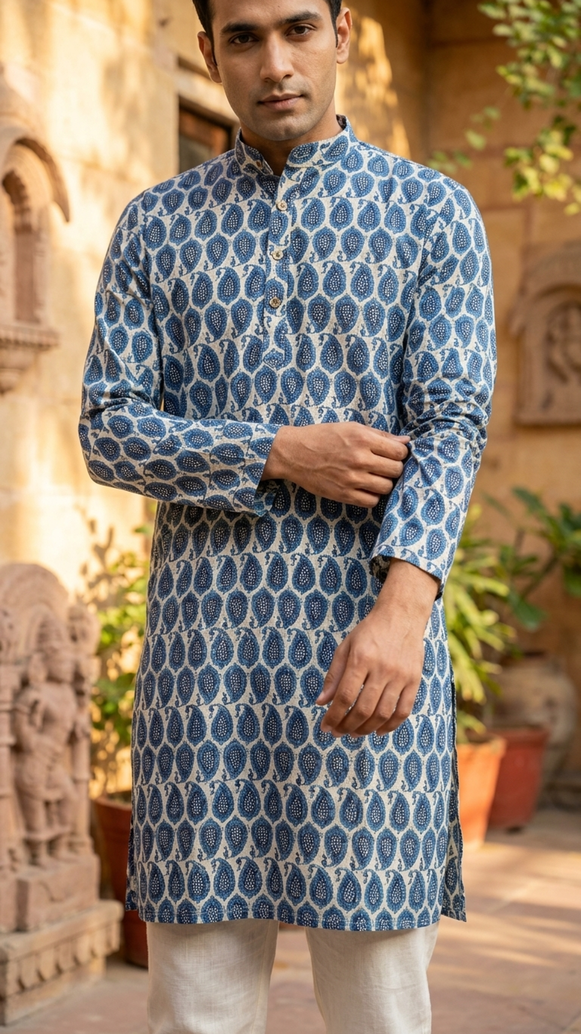 White Blue Paisley Printed Men's Full Sleeves Cotton Long Kurta