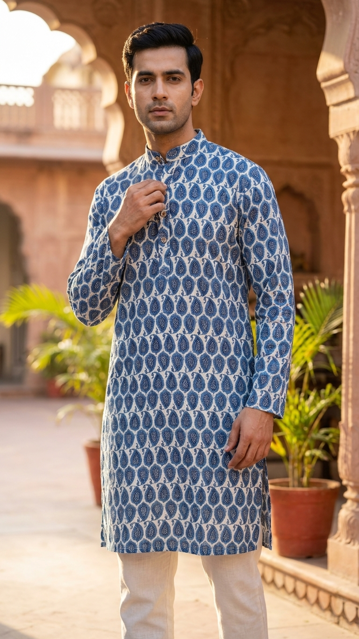 White Blue Paisley Printed Men's Full Sleeves Cotton Long Kurta