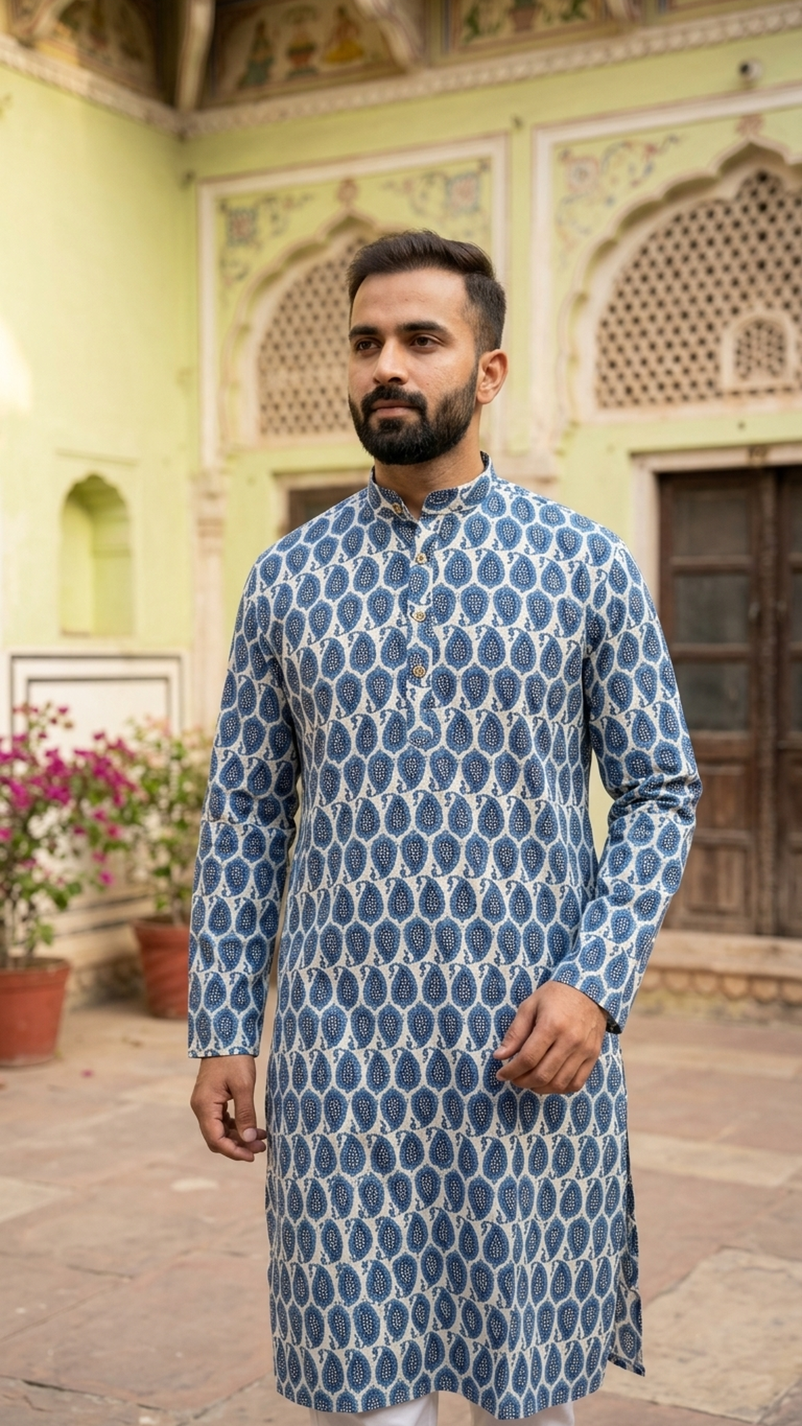 White Blue Paisley Printed Men's Full Sleeves Cotton Long Kurta