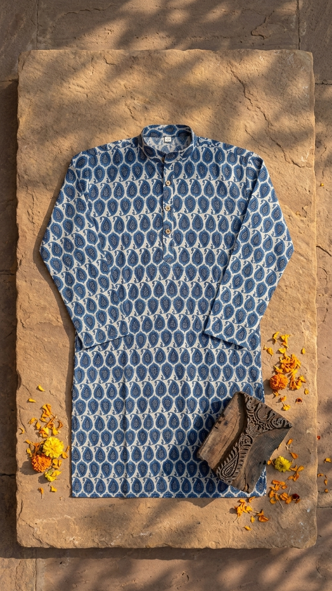 White Blue Paisley Printed Men's Full Sleeves Cotton Long Kurta