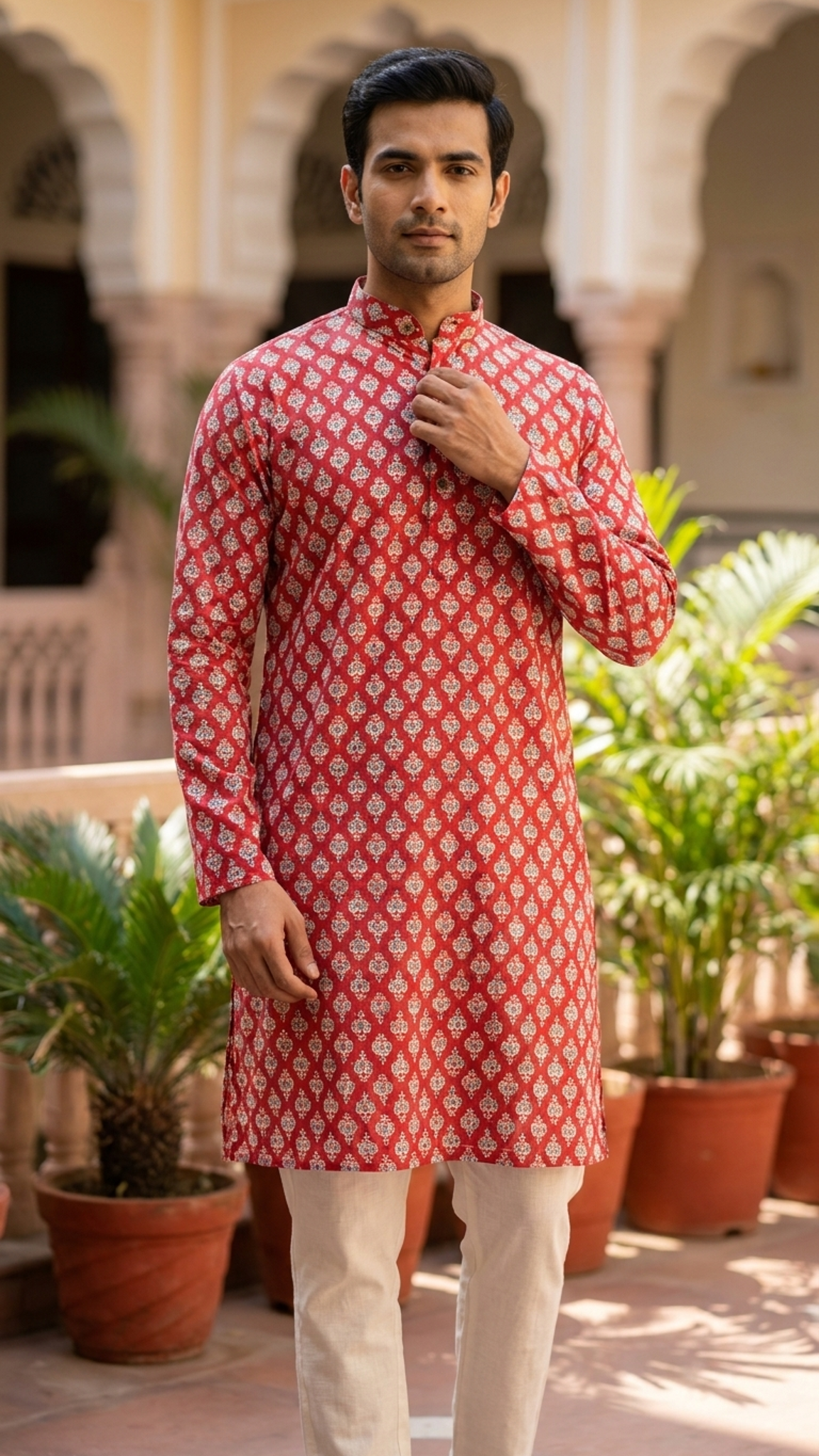 Red White Floral Printed Men's Full Sleeves Cotton Long Kurta