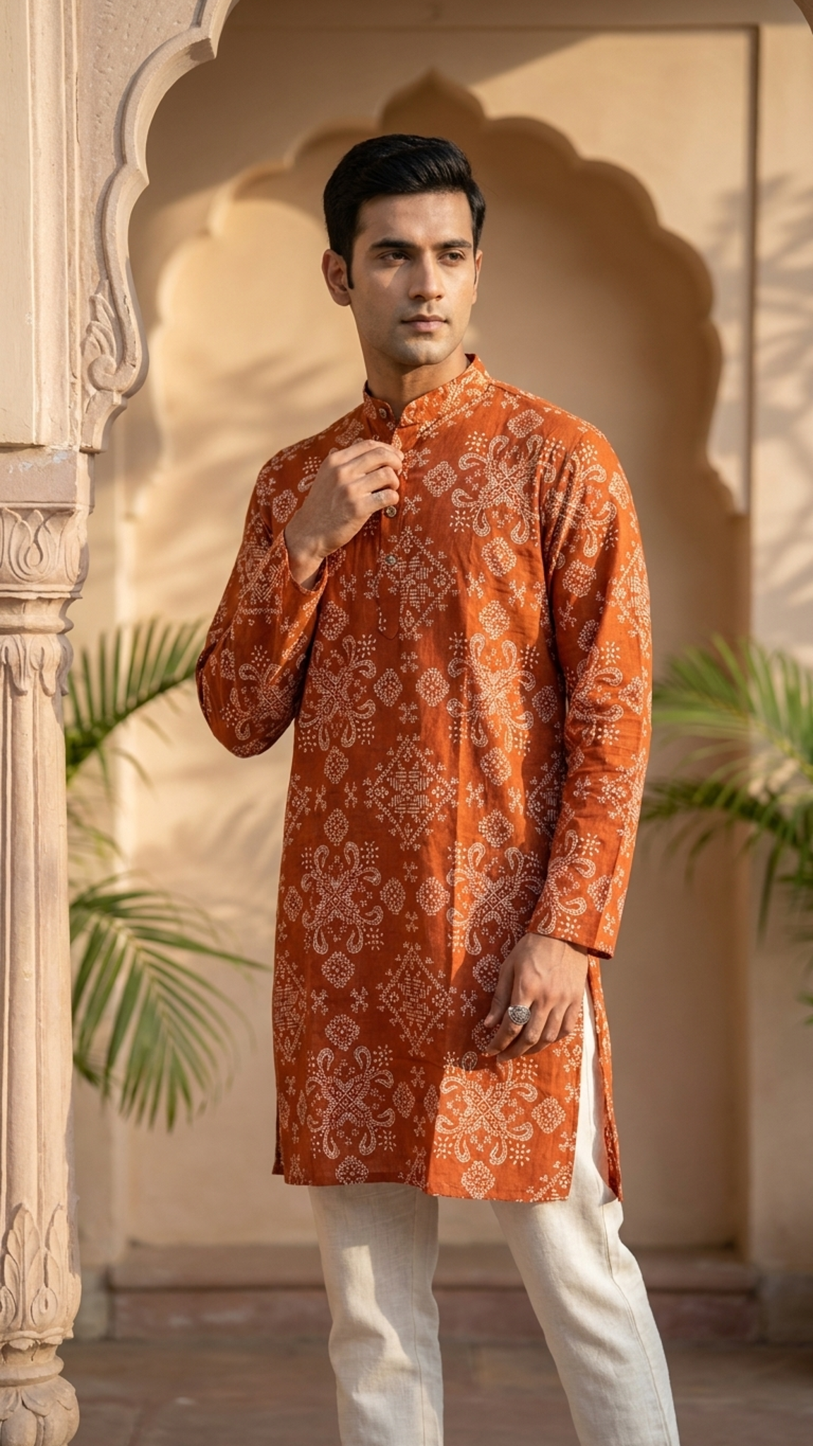 Rust Orange Geometric Printed Men's Full Sleeves Cotton Long Kurta