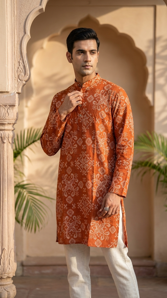 Rust Orange Geometric Printed Men's Full Sleeves Cotton Long Kurta