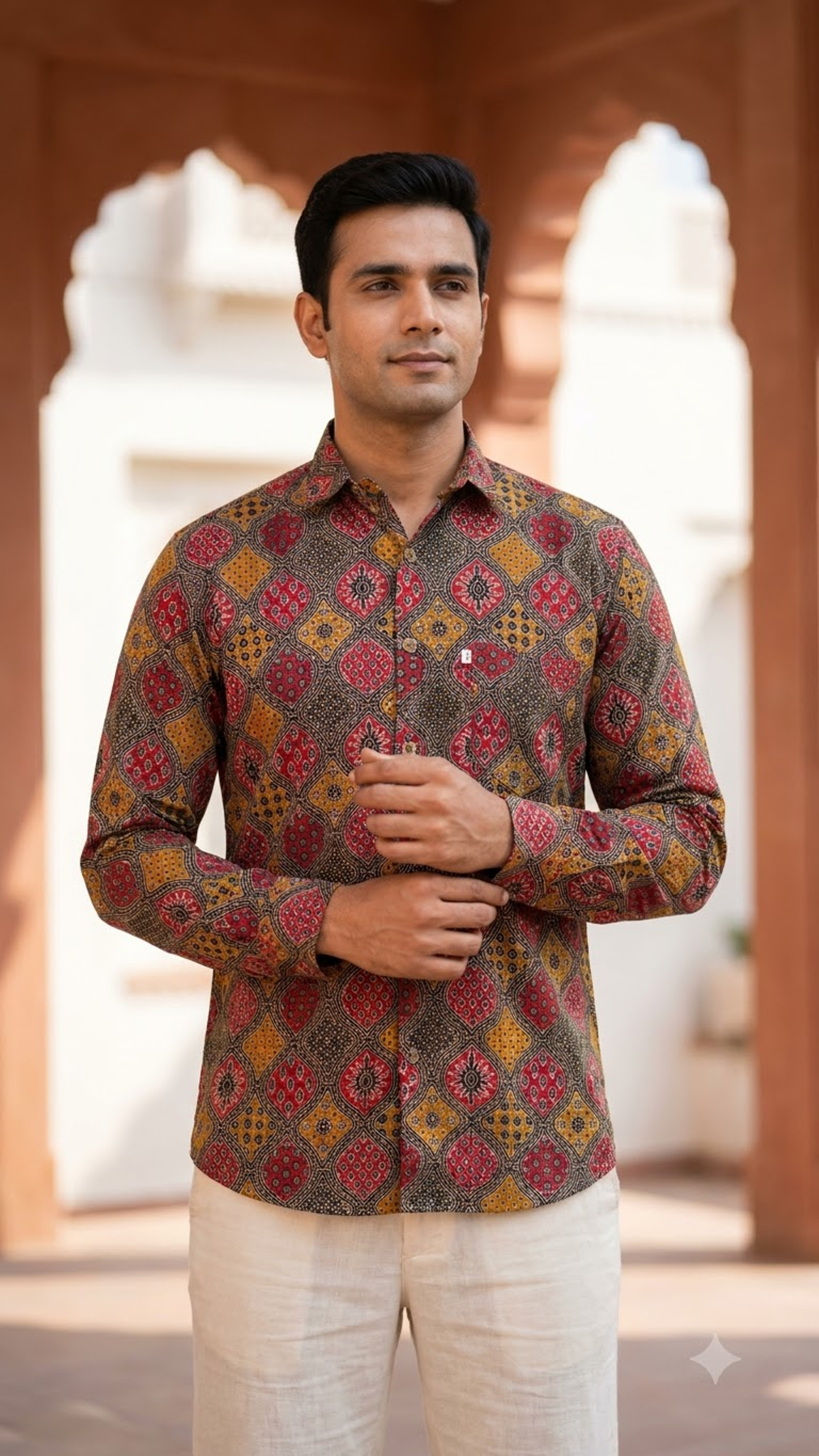 Full Sleeve Black Red & Mustard Geometric Printed Men’s Cotton Shirt