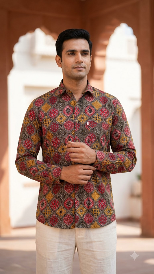 Full Sleeve Black Red & Mustard Geometric Printed Men’s Cotton Shirt