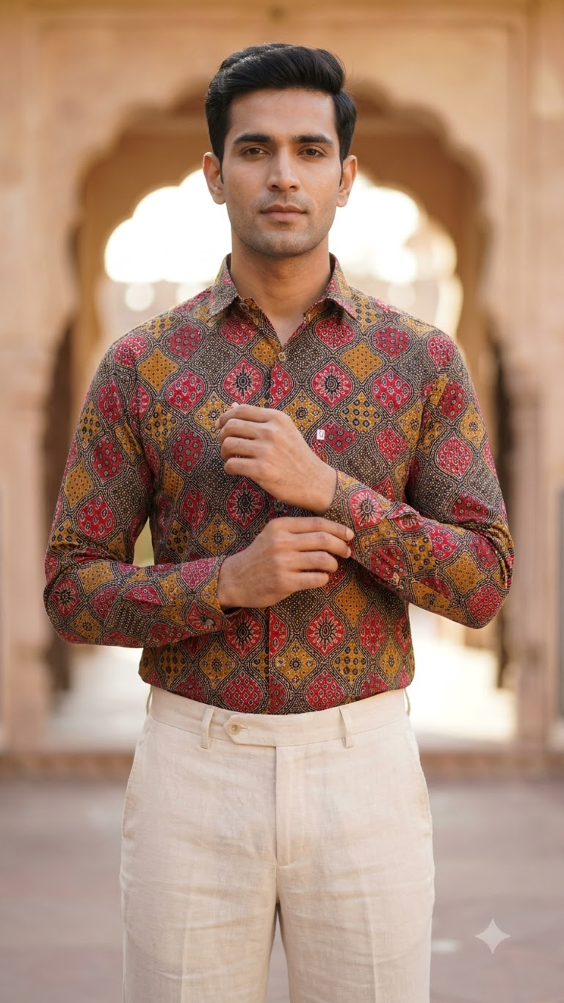 Full Sleeve Black Red & Mustard Geometric Printed Men’s Cotton Shirt