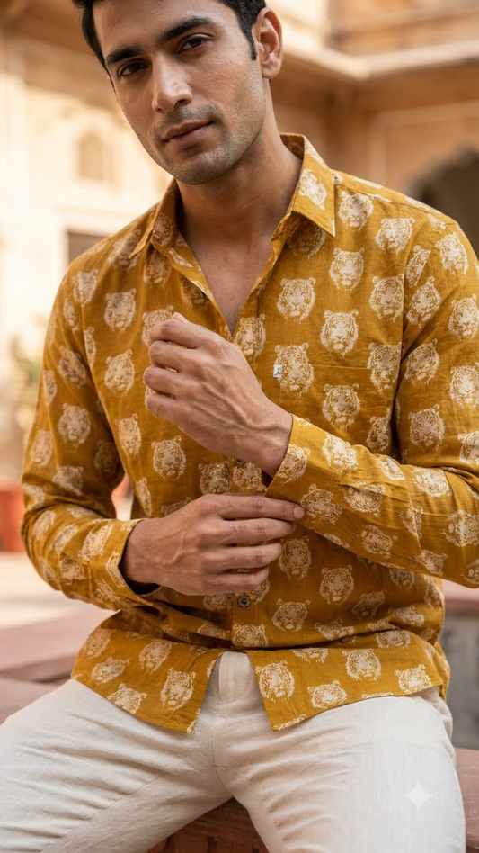 Mustard Yellow Tiger Motif Print Men’s Full Sleeve Cotton Shirt