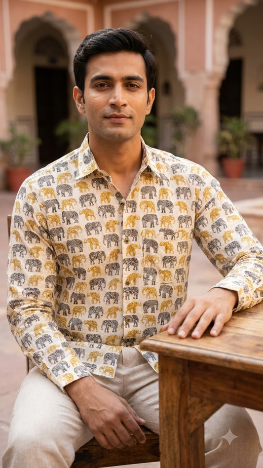 White Mustard & Grey Elephant Print Men’s Full Sleeve Cotton Shirt