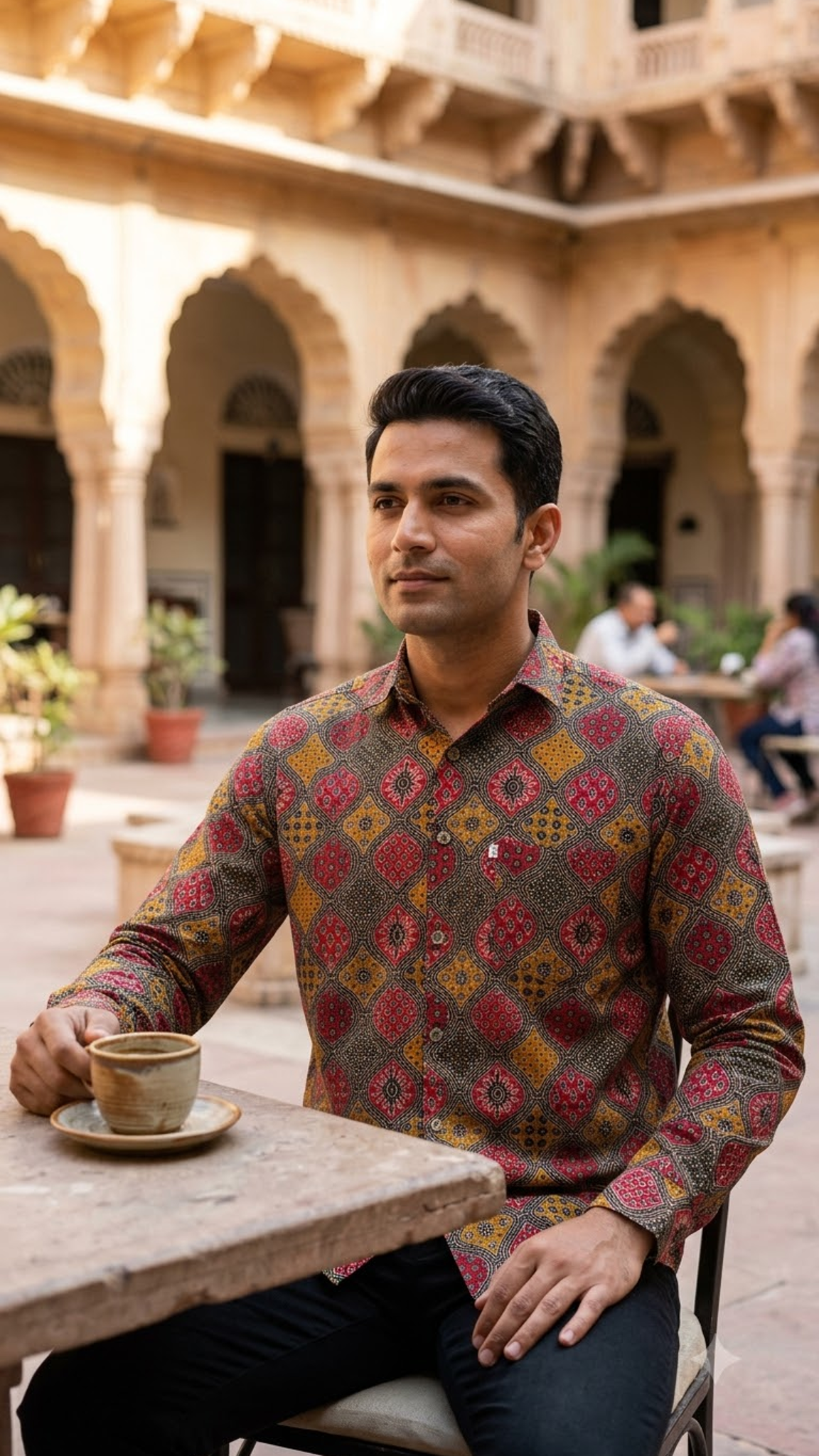 Full Sleeve Black Red & Mustard Geometric Printed Men’s Cotton Shirt