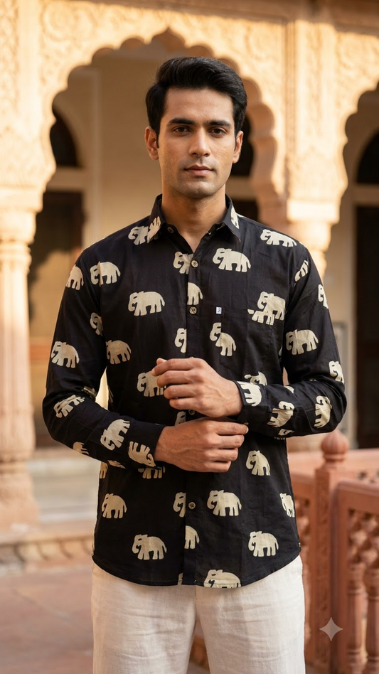 Black & Beige BIG Elephant Print Men’s Full Sleeve Cotton Shirt
