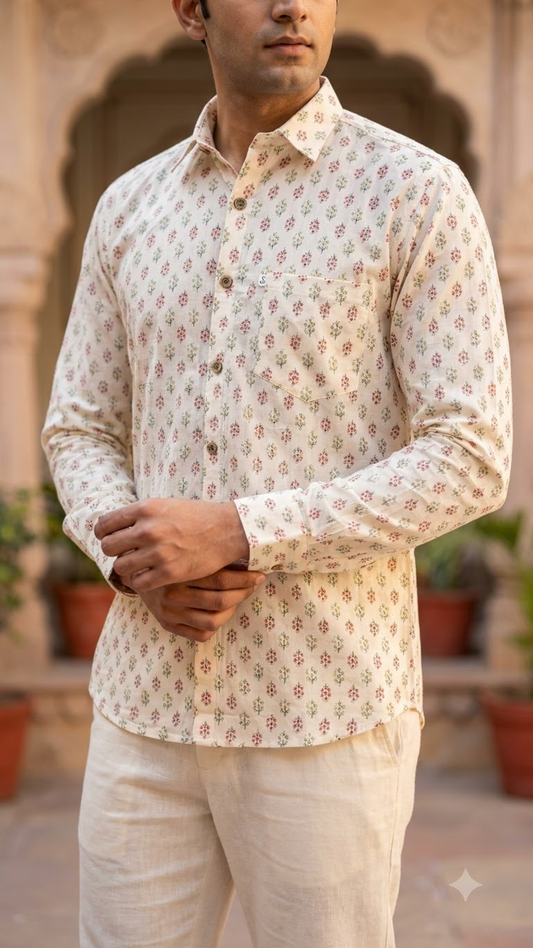 White Red & Green Floral Print Men’s Full Sleeve Cotton Shirt