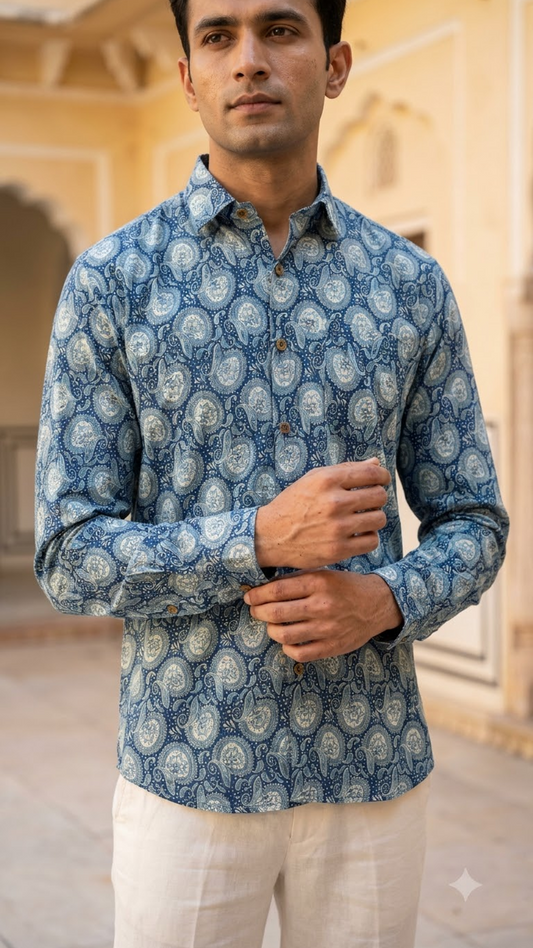 Blue & White Paisley Print Men’s Full Sleeve Cotton Shirt