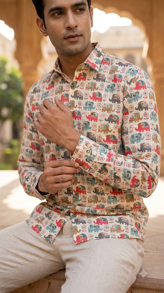 New Funky Multicolor Elephant Print Men’s Full Sleeve Cotton Shirt