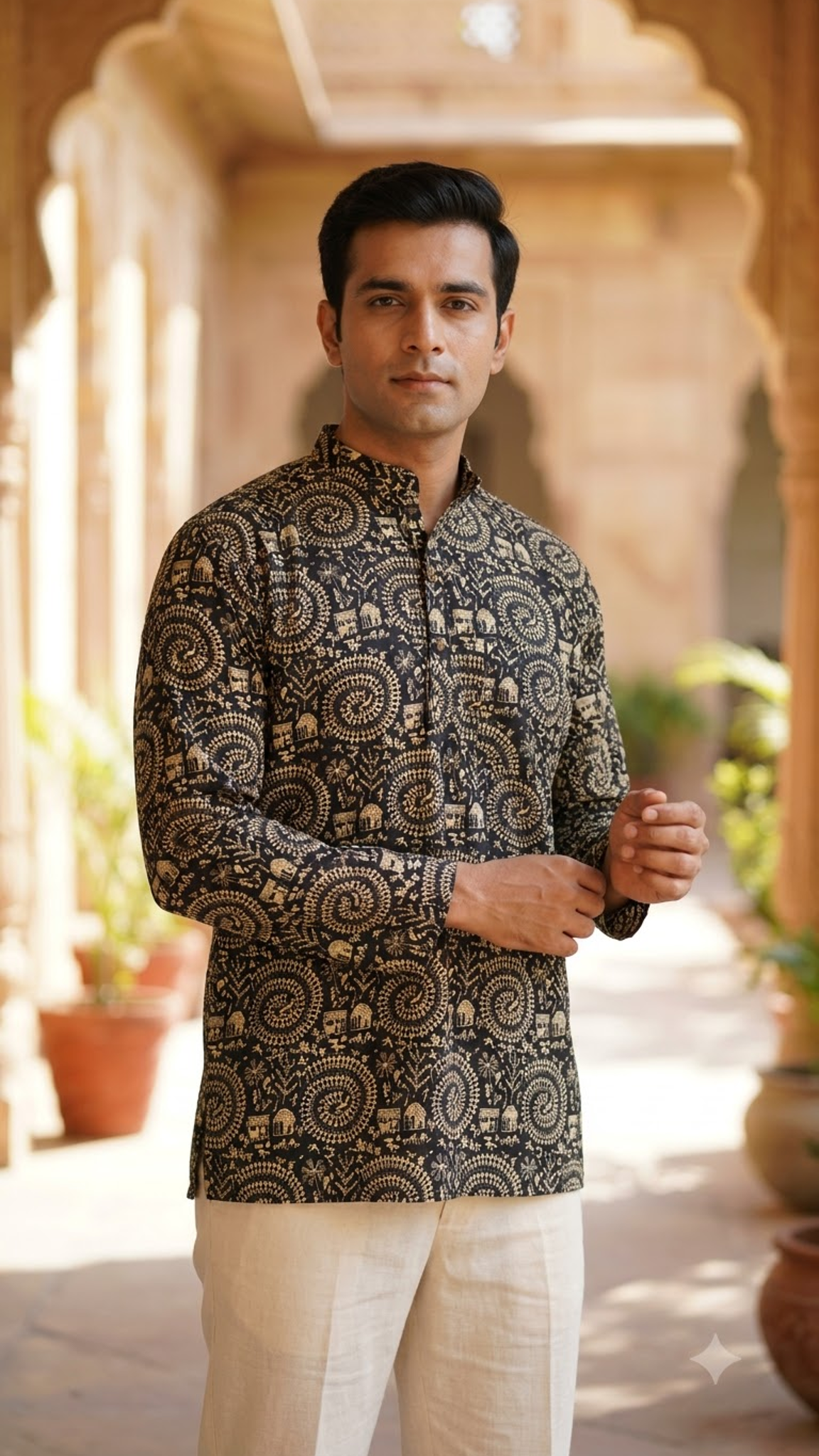 Black & Beige Tribal Folk Print Men’s Full Sleeve Short Kurta