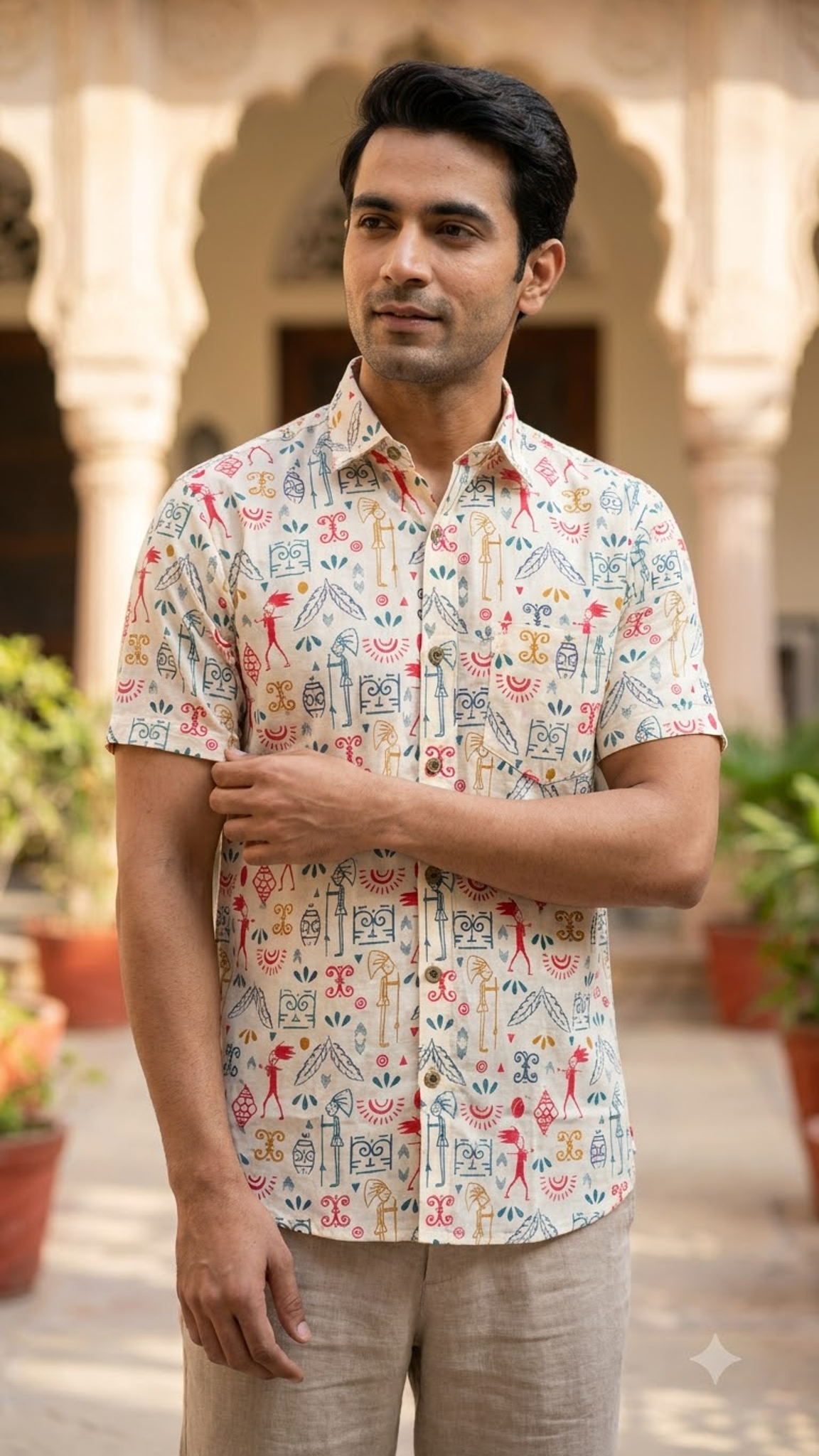 White Multicolour Tribal Motif Printed Men’s Half Sleeve Cotton Shirt