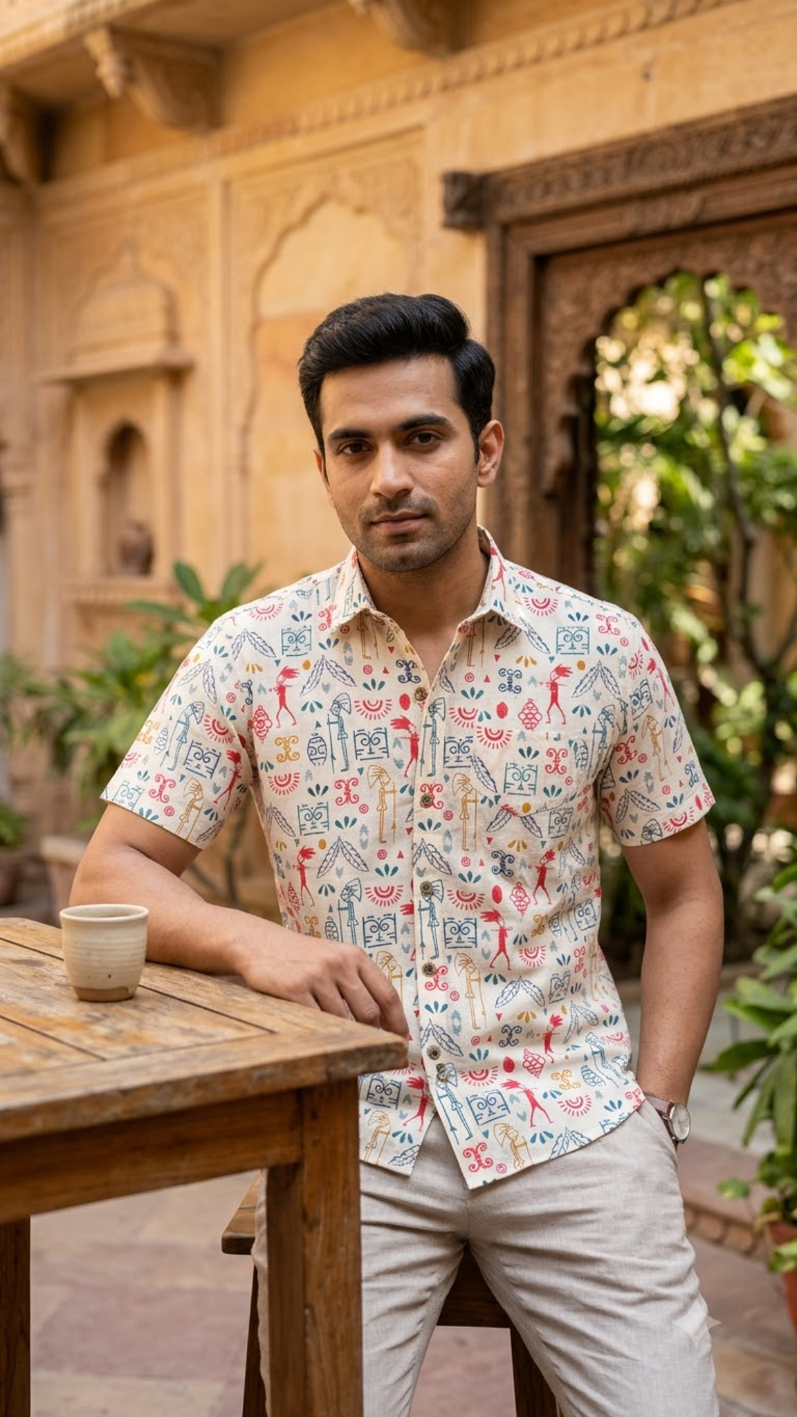 White Multicolour Tribal Motif Printed Men’s Half Sleeve Cotton Shirt