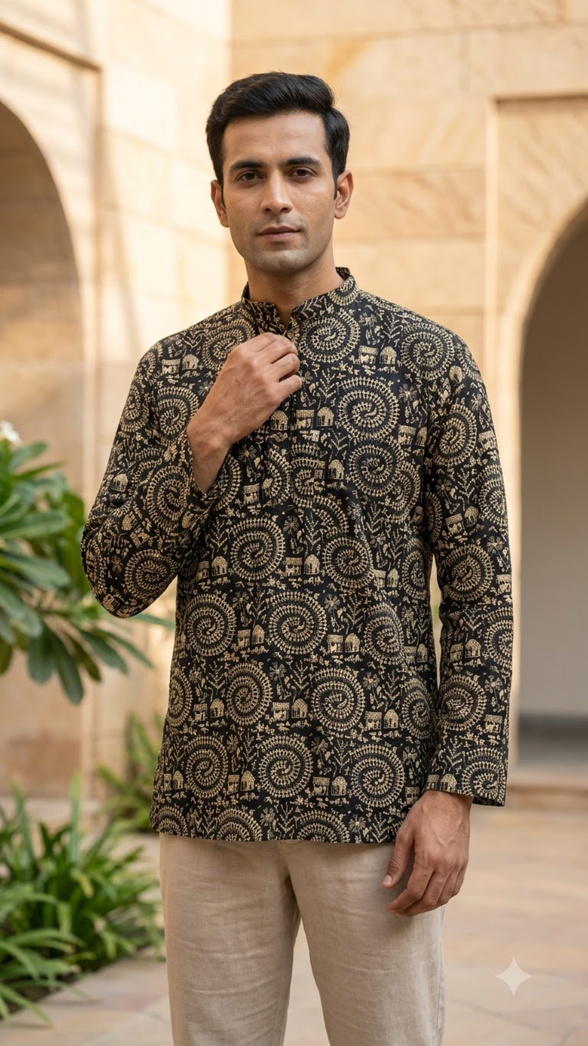 Black & Beige Tribal Folk Print Men’s Full Sleeve Short Kurta
