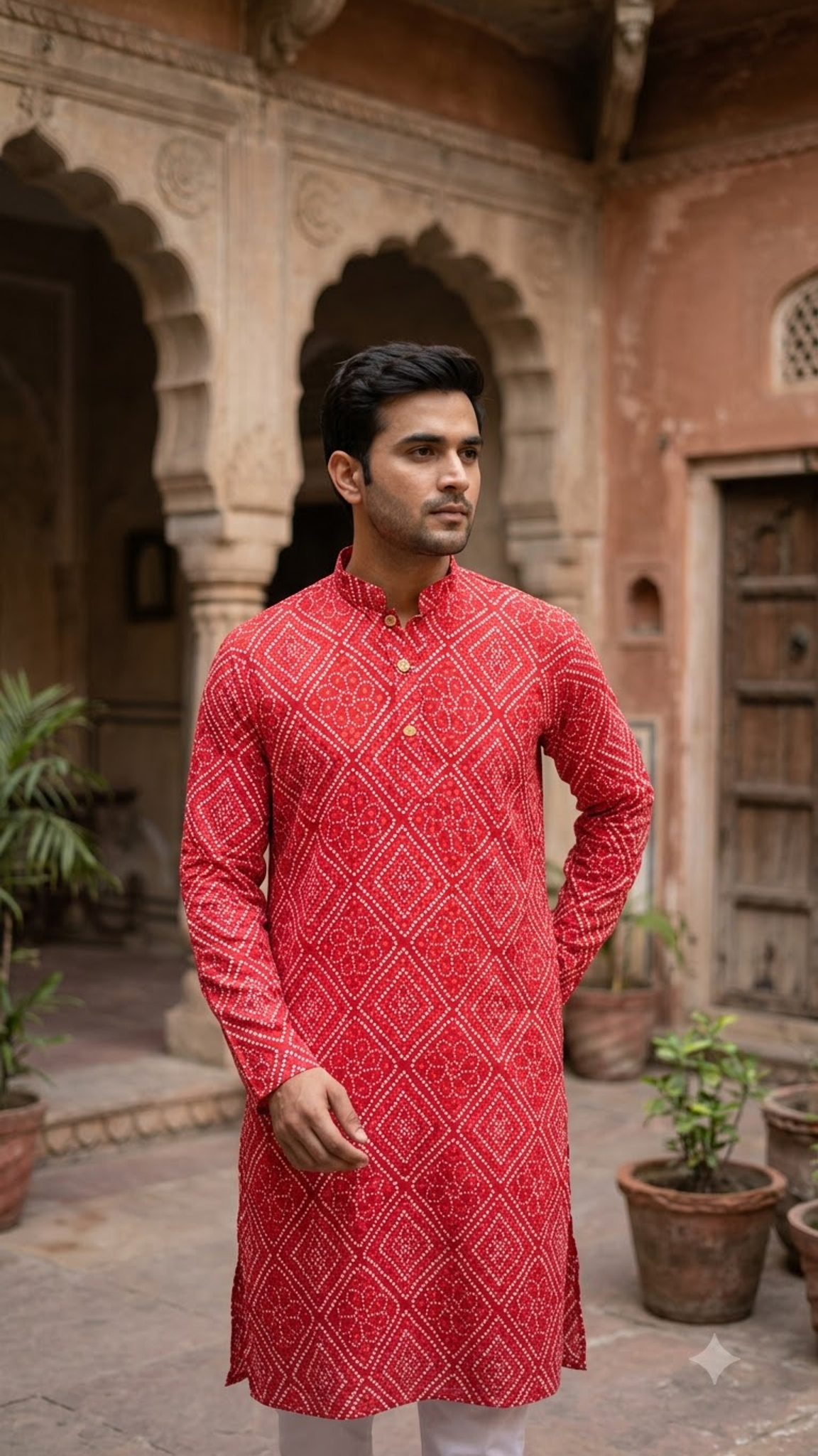 Full Sleeves Long Kurta for Men Red Bandhej Printed