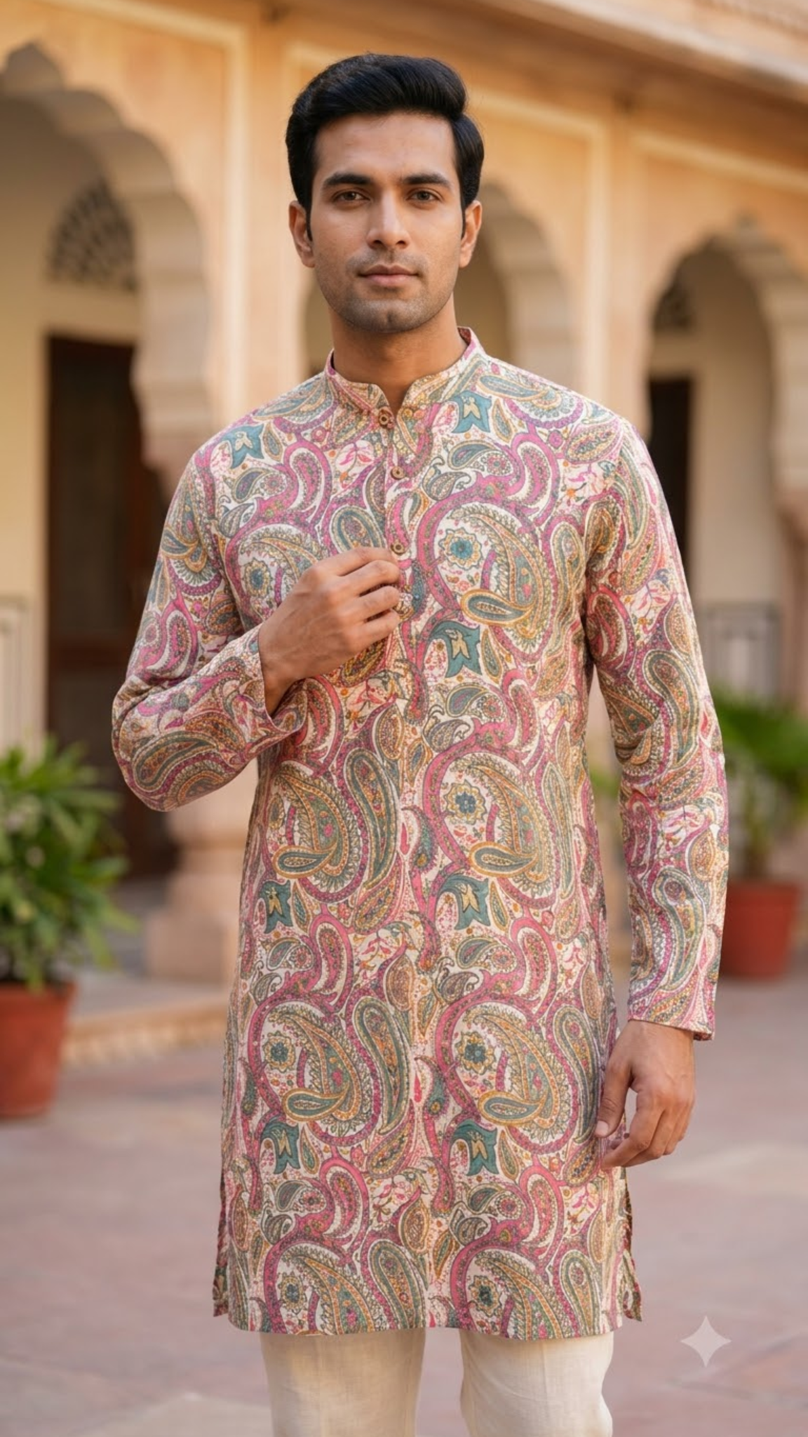 Multicolour Paisley Printed Full Sleeves Long Kurta for Men