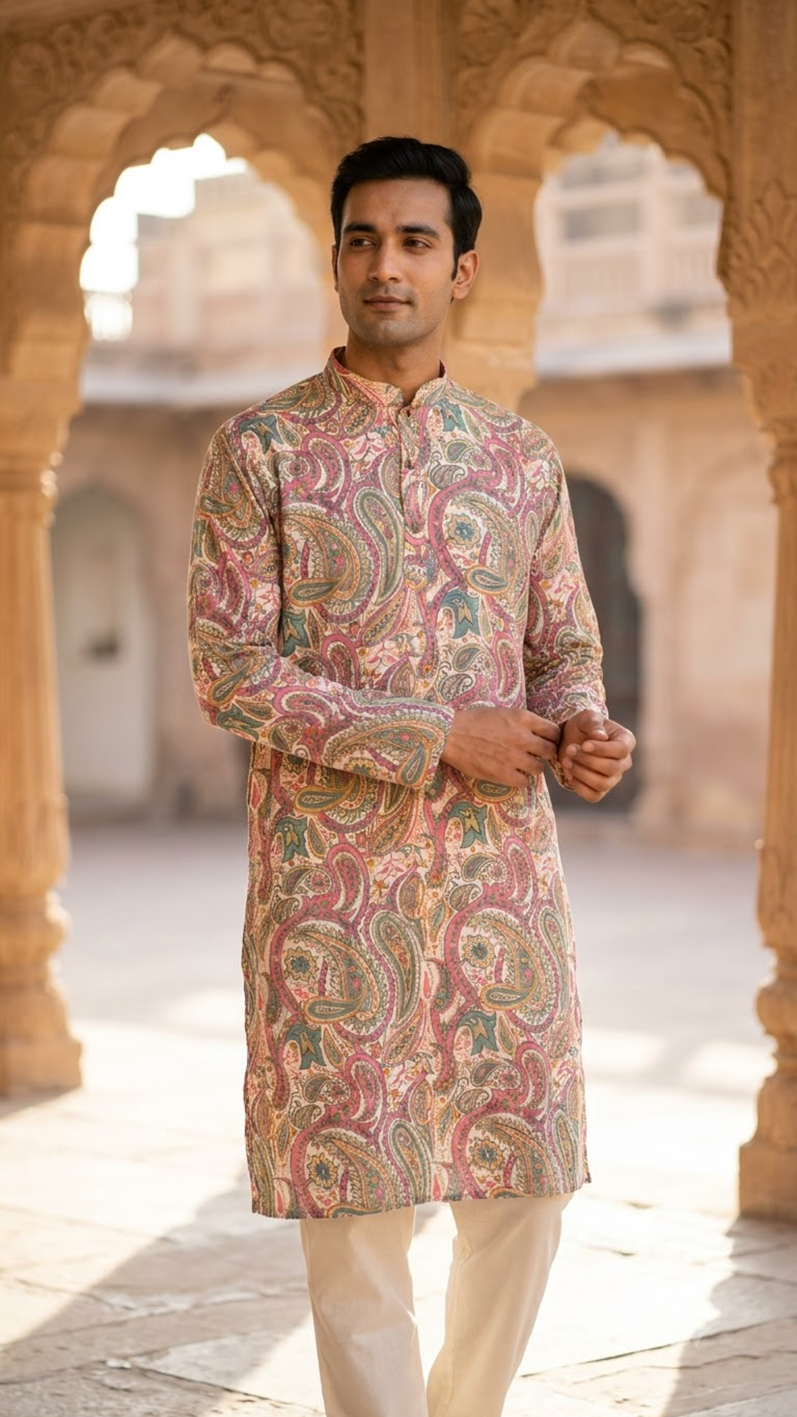 Multicolour Paisley Printed Full Sleeves Long Kurta for Men