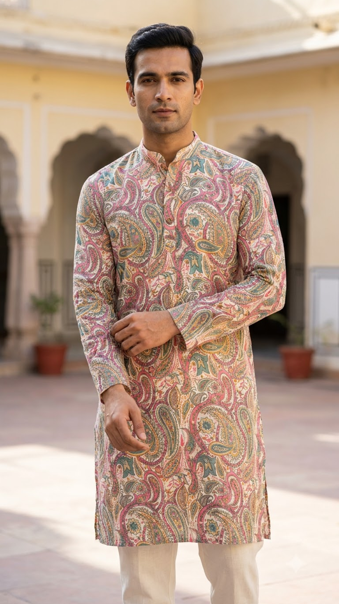 Multicolour Paisley Printed Full Sleeves Long Kurta for Men