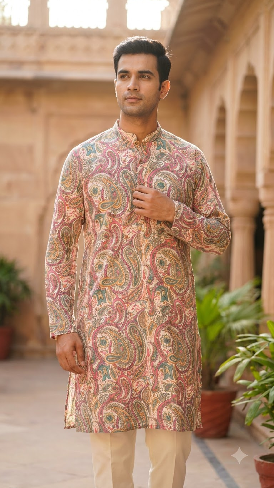 Multicolour Paisley Printed Full Sleeves Long Kurta for Men