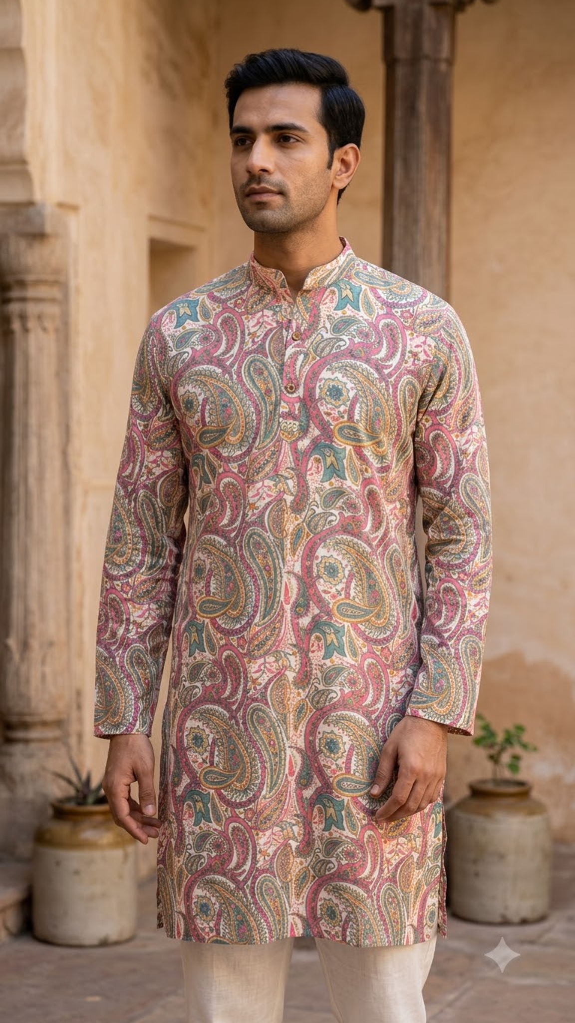 Multicolour Paisley Printed Full Sleeves Long Kurta for Men