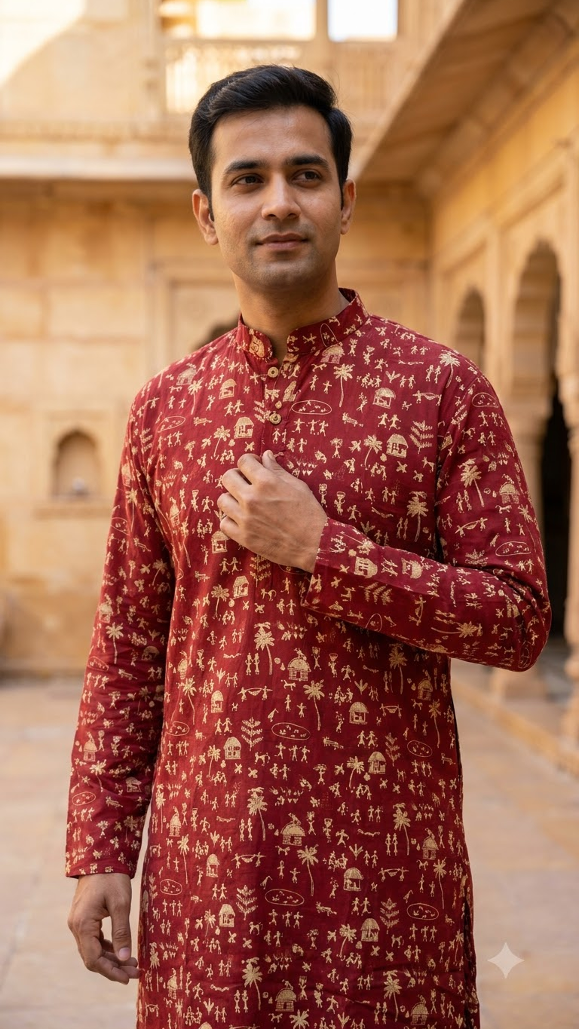 Maroon and beige Warli Art Printed Full Sleeves Long Kurta for Men