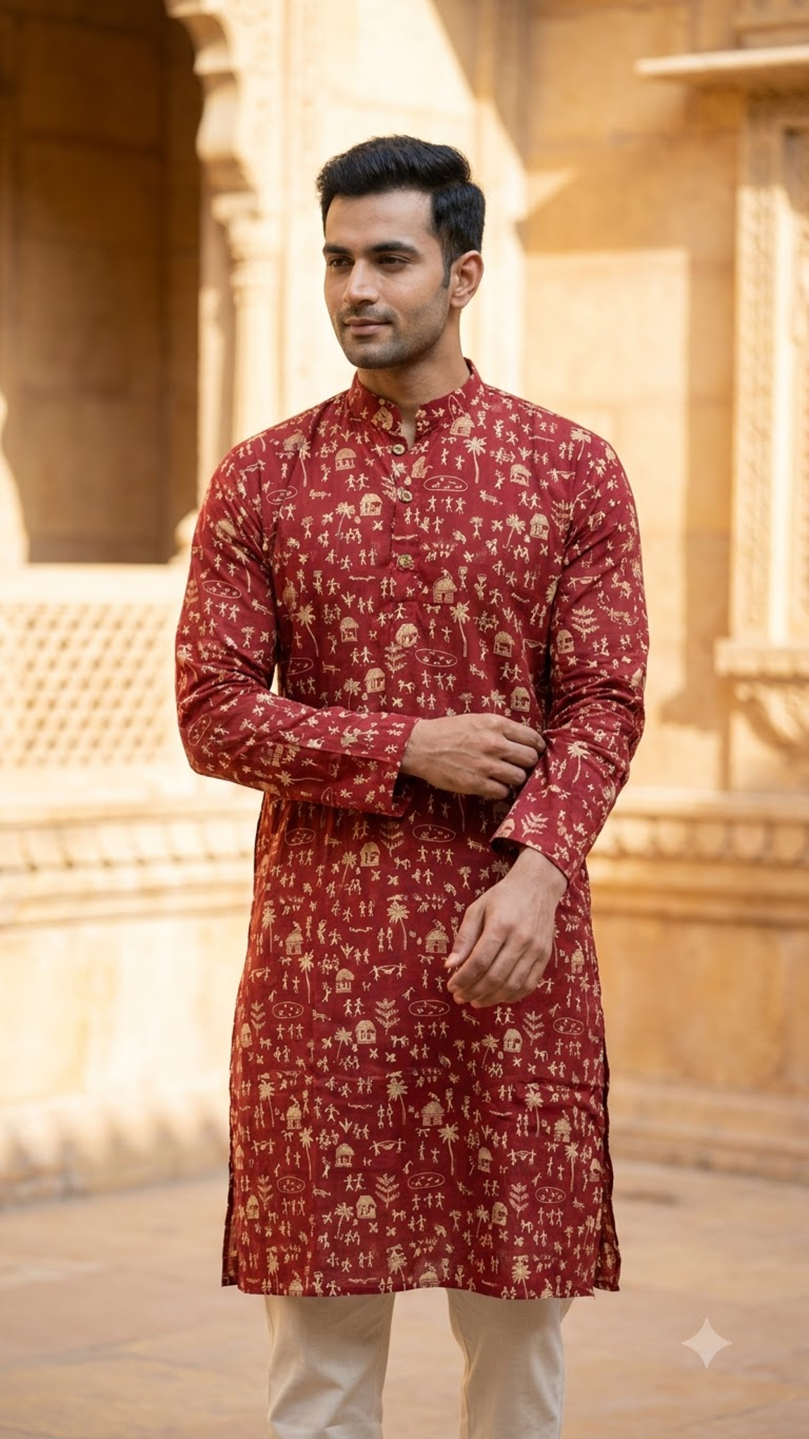 Maroon and beige Warli Art Printed Full Sleeves Long Kurta for Men
