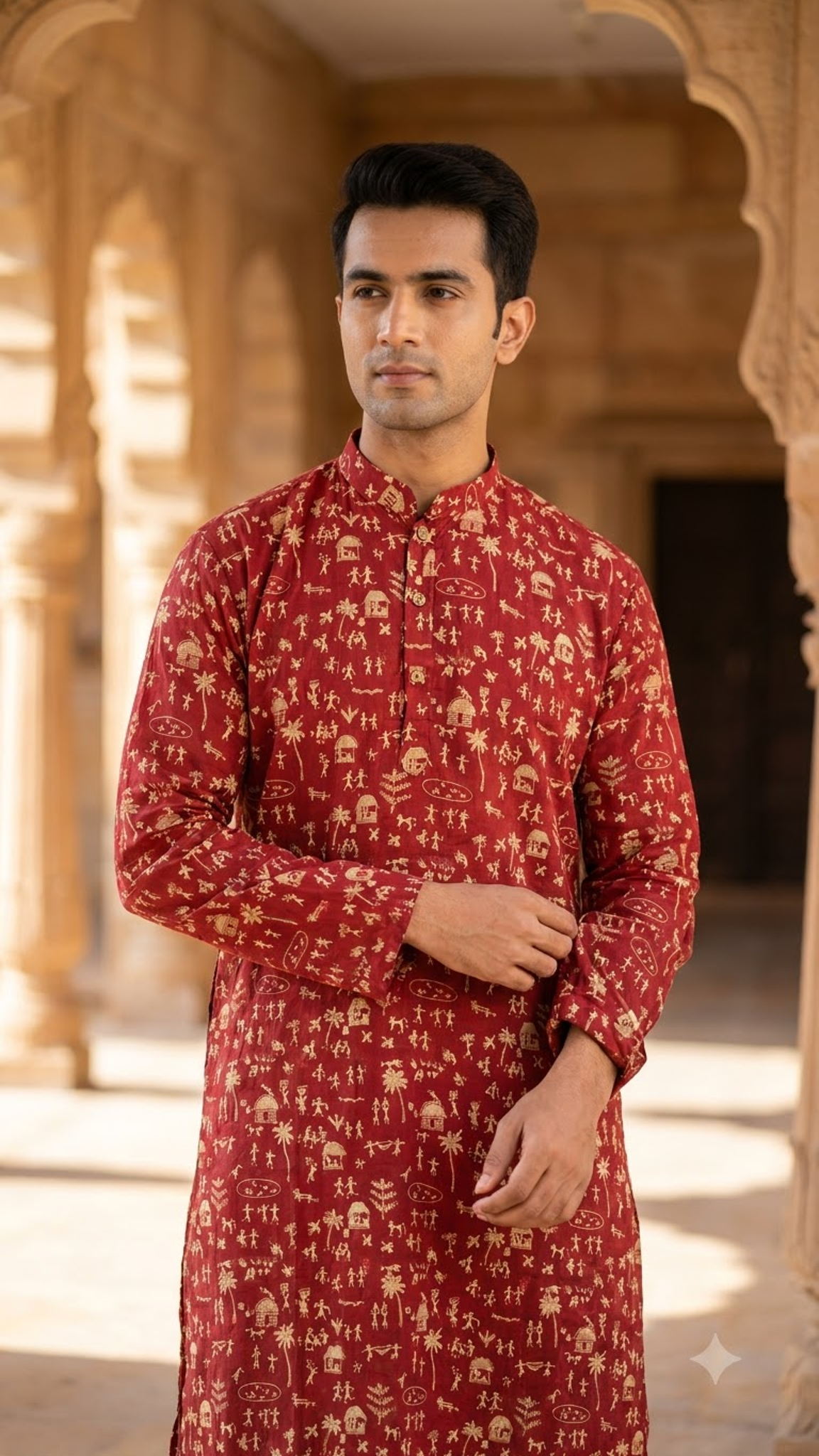 Maroon and beige Warli Art Printed Full Sleeves Long Kurta for Men