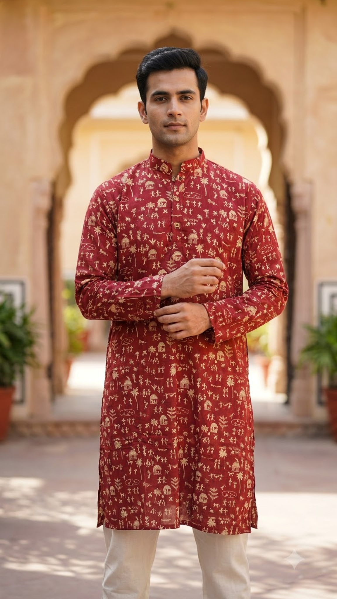 Maroon and beige Warli Art Printed Full Sleeves Long Kurta for Men