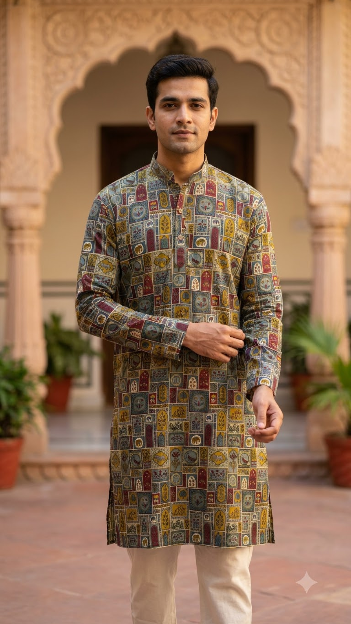 Multicolour Heritage Patch Printed Full Sleeves Long Kurta for Men