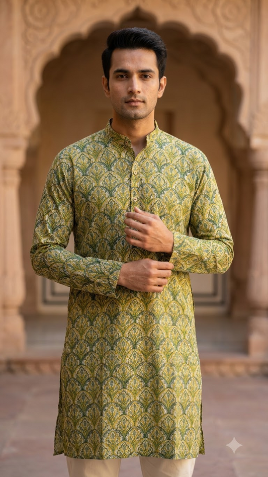 Green Mughal Floral Printed Full Sleeves Long Kurta for Men