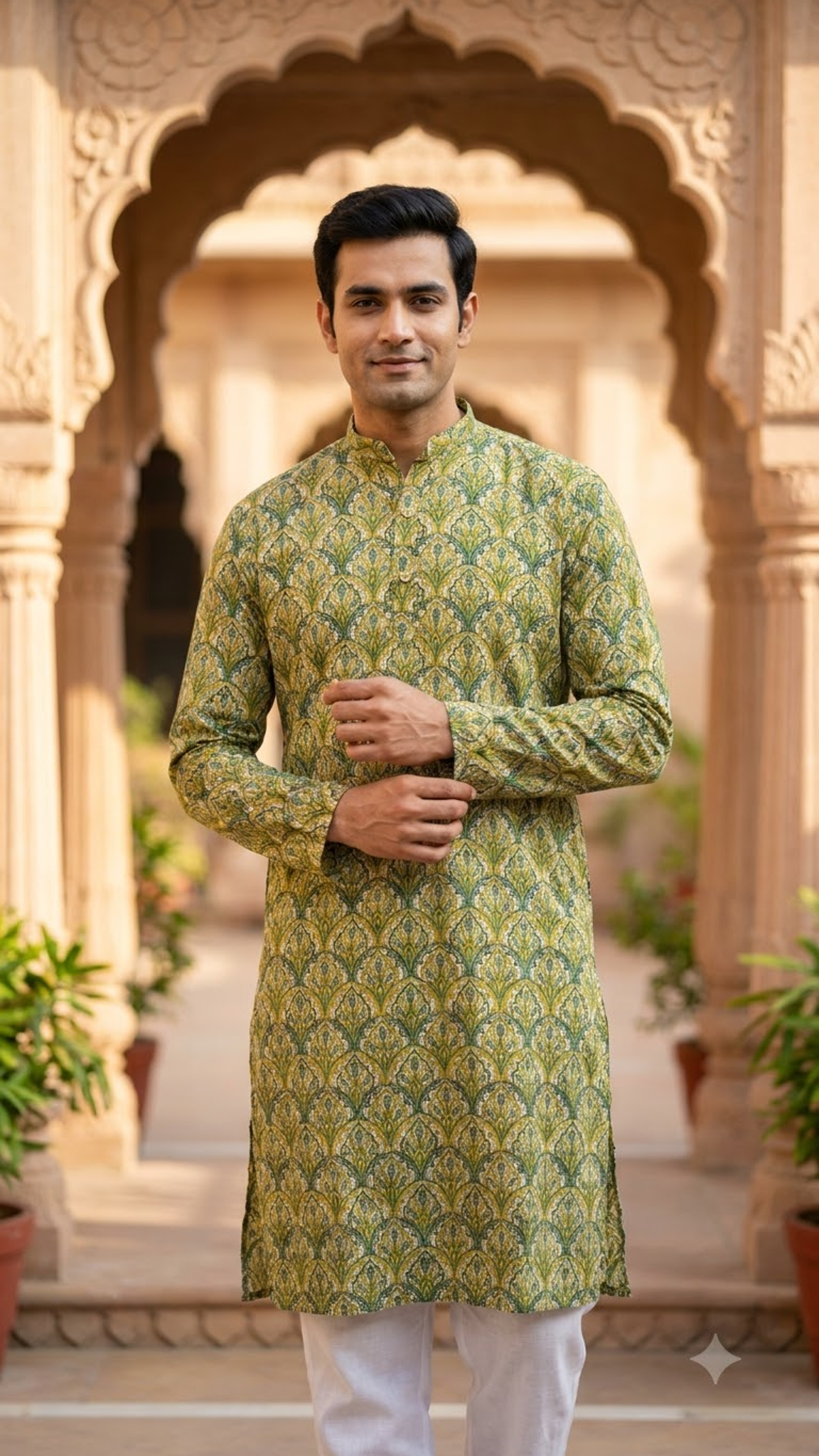 Green Mughal Floral Printed Full Sleeves Long Kurta for Men