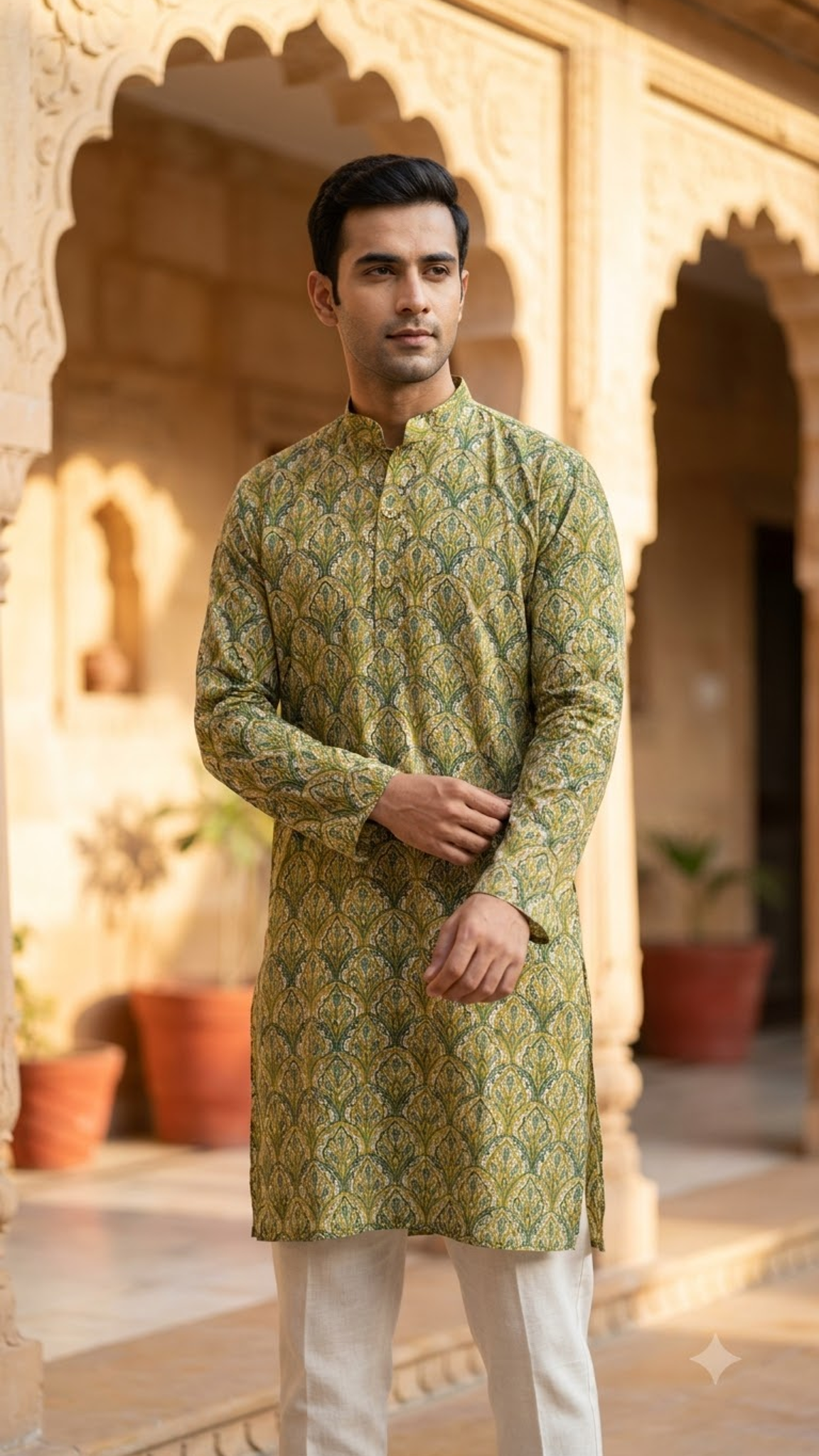 Green Mughal Floral Printed Full Sleeves Long Kurta for Men