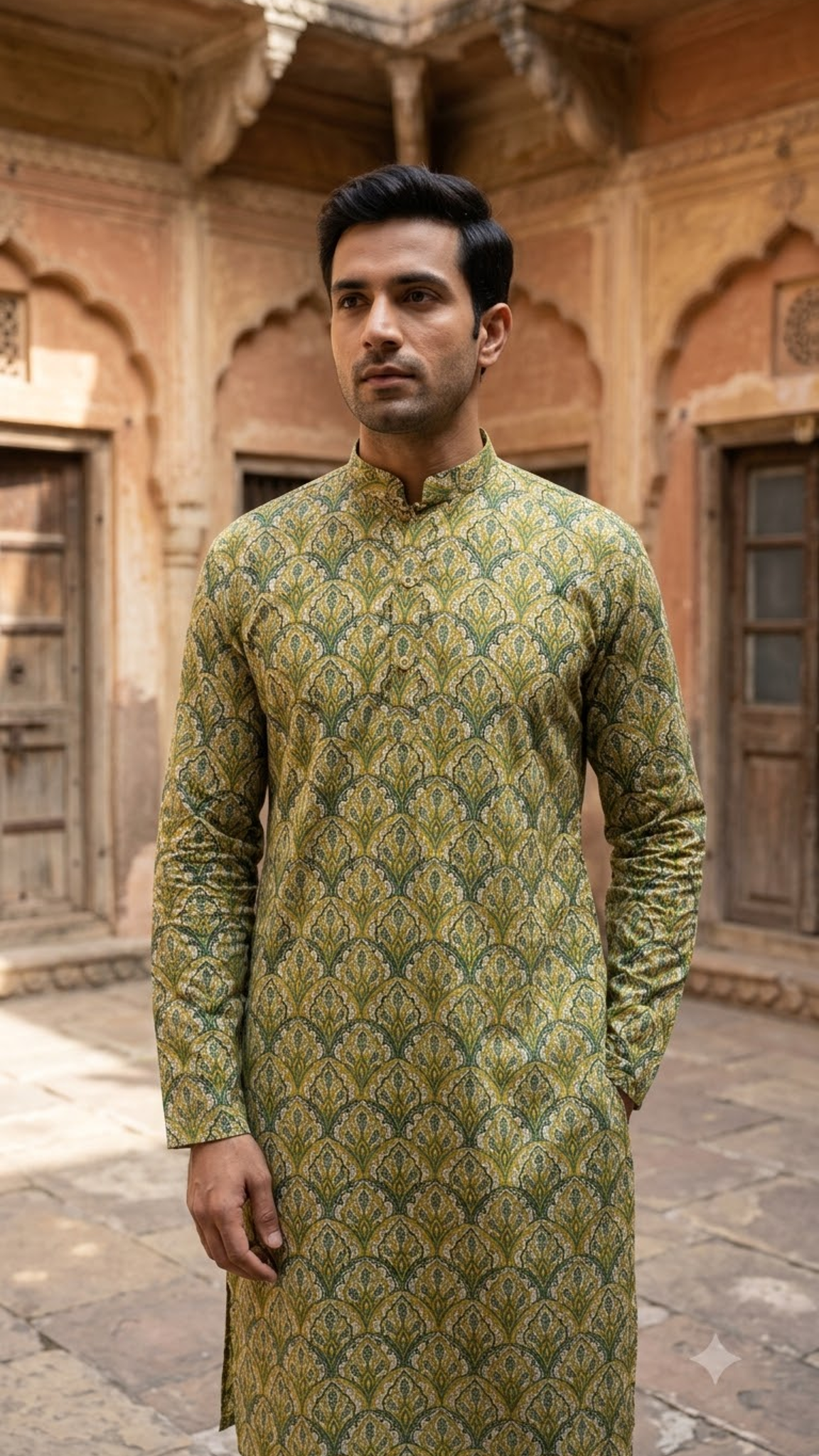 Green Mughal Floral Printed Full Sleeves Long Kurta for Men
