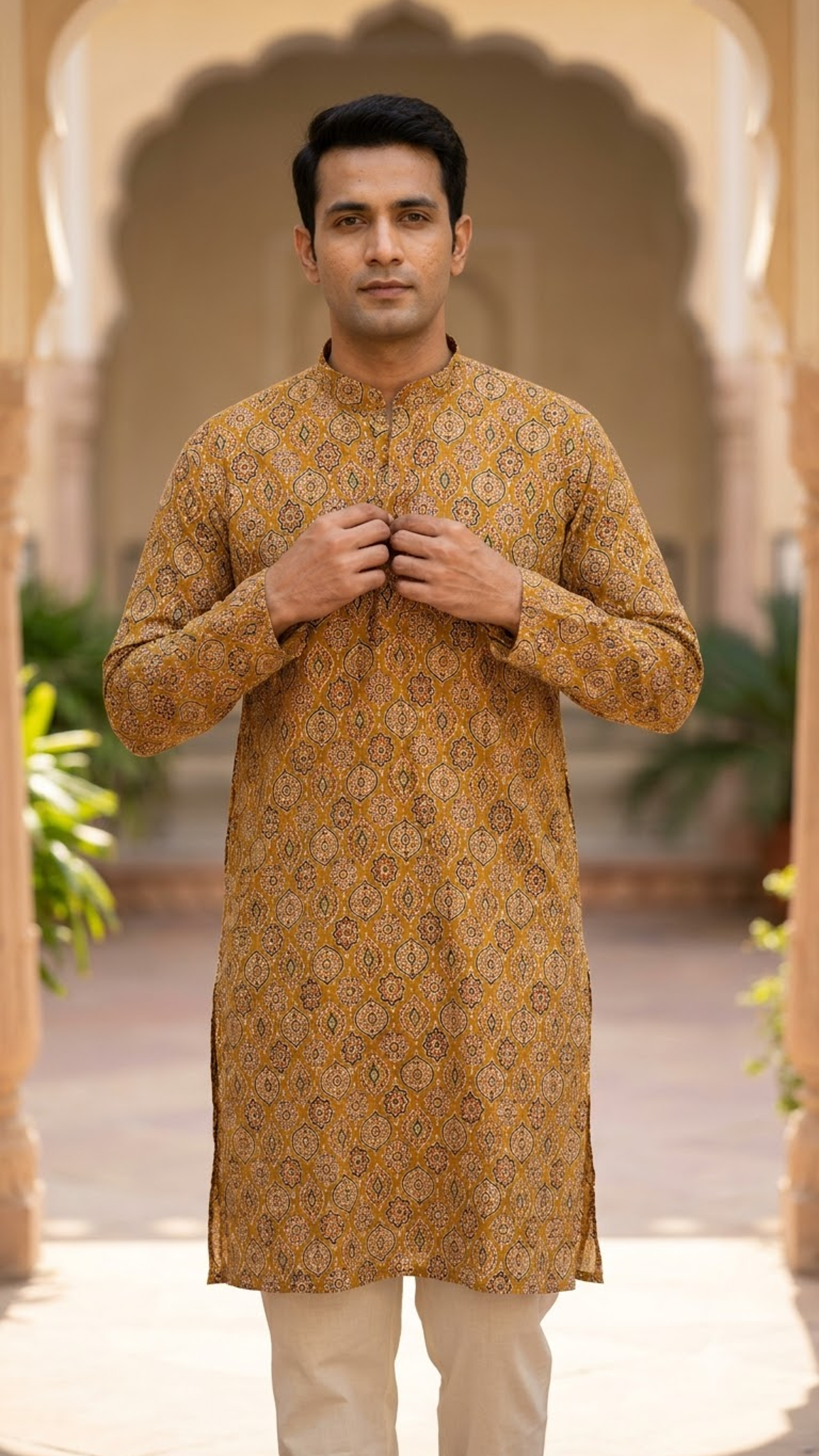 Mustard Ajrakh Medallion Printed Full Sleeves Long Kurta for Men