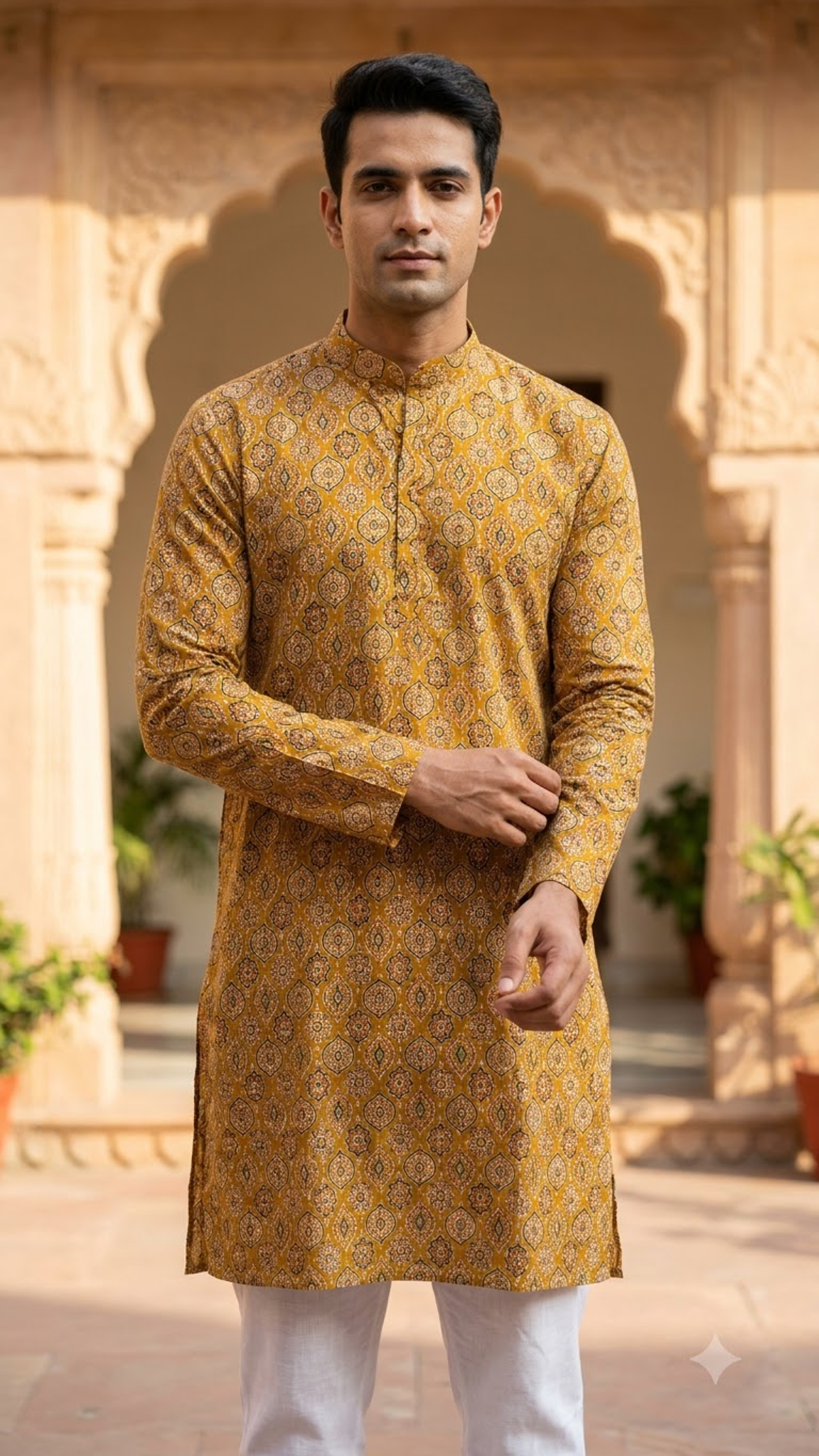 Mustard Ajrakh Medallion Printed Full Sleeves Long Kurta for Men